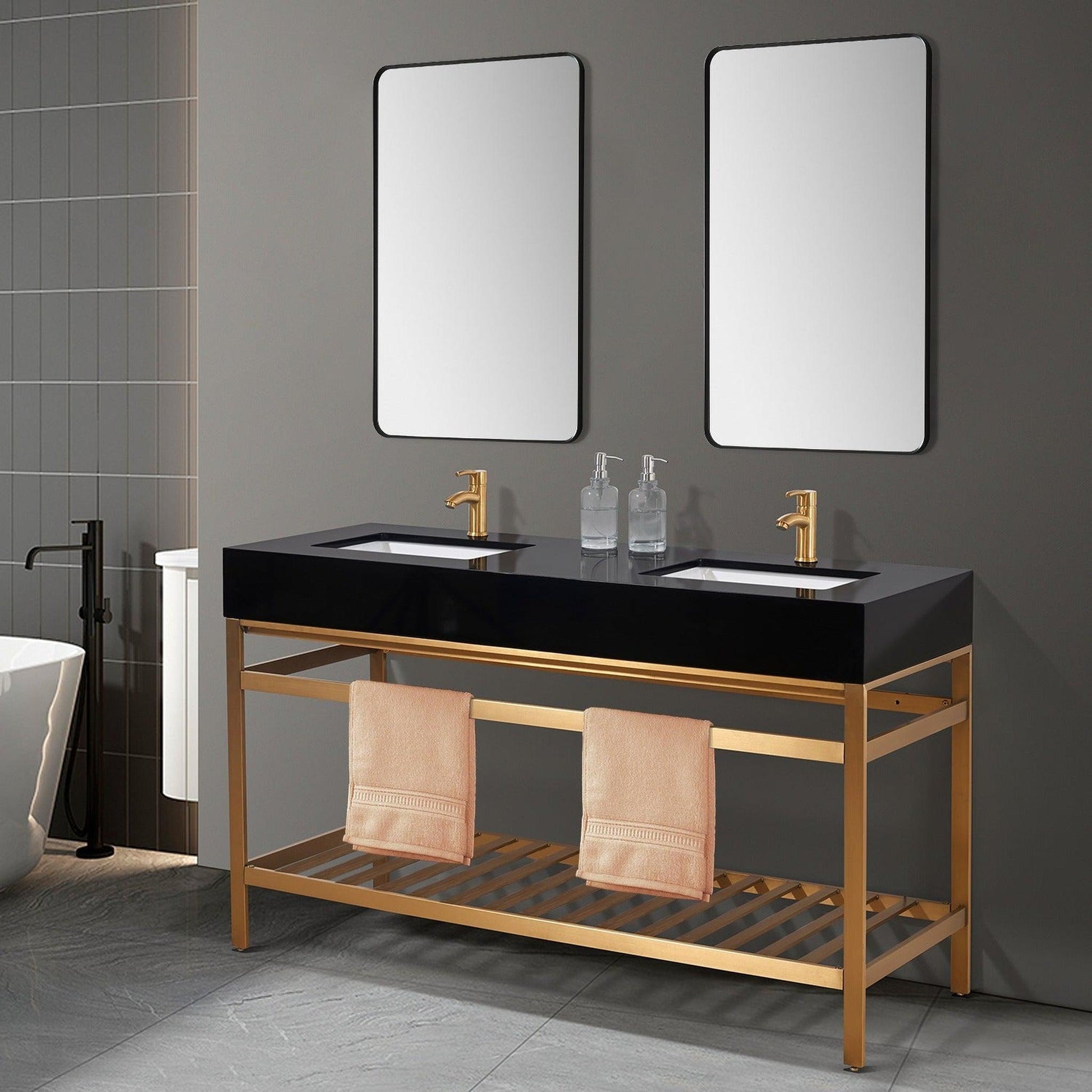 Altair Nauders 60" Brushed Gold Double Stainless Steel Bathroom Vanity Set Console With Mirror, Imperial Black Stone Top, Two Rectangular Undermount Ceramic Sinks, and Safety Overflow Hole