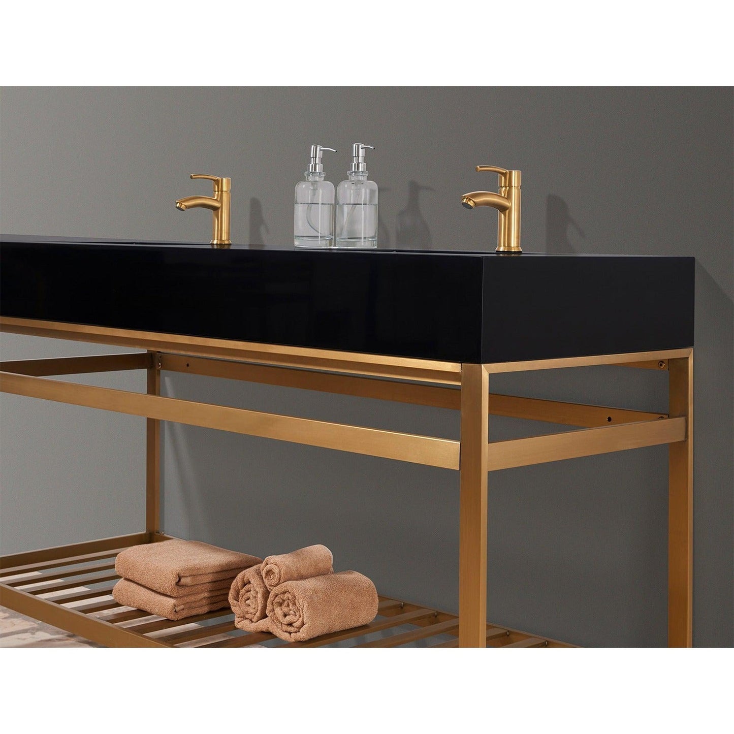 Altair Nauders 60" Brushed Gold Double Stainless Steel Bathroom Vanity Set Console With Mirror, Imperial Black Stone Top, Two Rectangular Undermount Ceramic Sinks, and Safety Overflow Hole