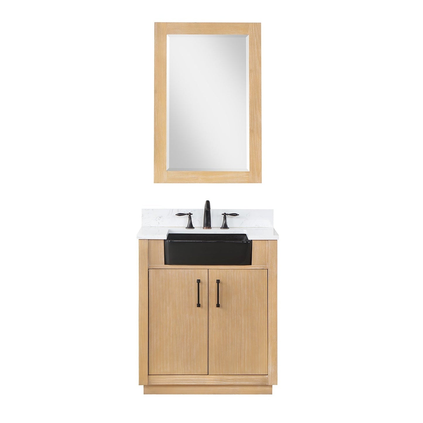 Altair Novago 30" Weathered Pine Freestanding Single Bathroom Vanity Set With Mirror, Aosta White Composite Stone Top, Single Rectangular Drop-In Black Farmhouse Ceramic Sink, Overflow, and Backsplash