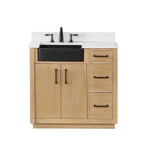 Altair Novago 36" Weathered Pine Freestanding Single Bathroom Vanity Set With Aosta White Composite Stone Top, Single Rectangular Drop-In Black Farmhouse Ceramic Sink, Overflow, and Backsplash