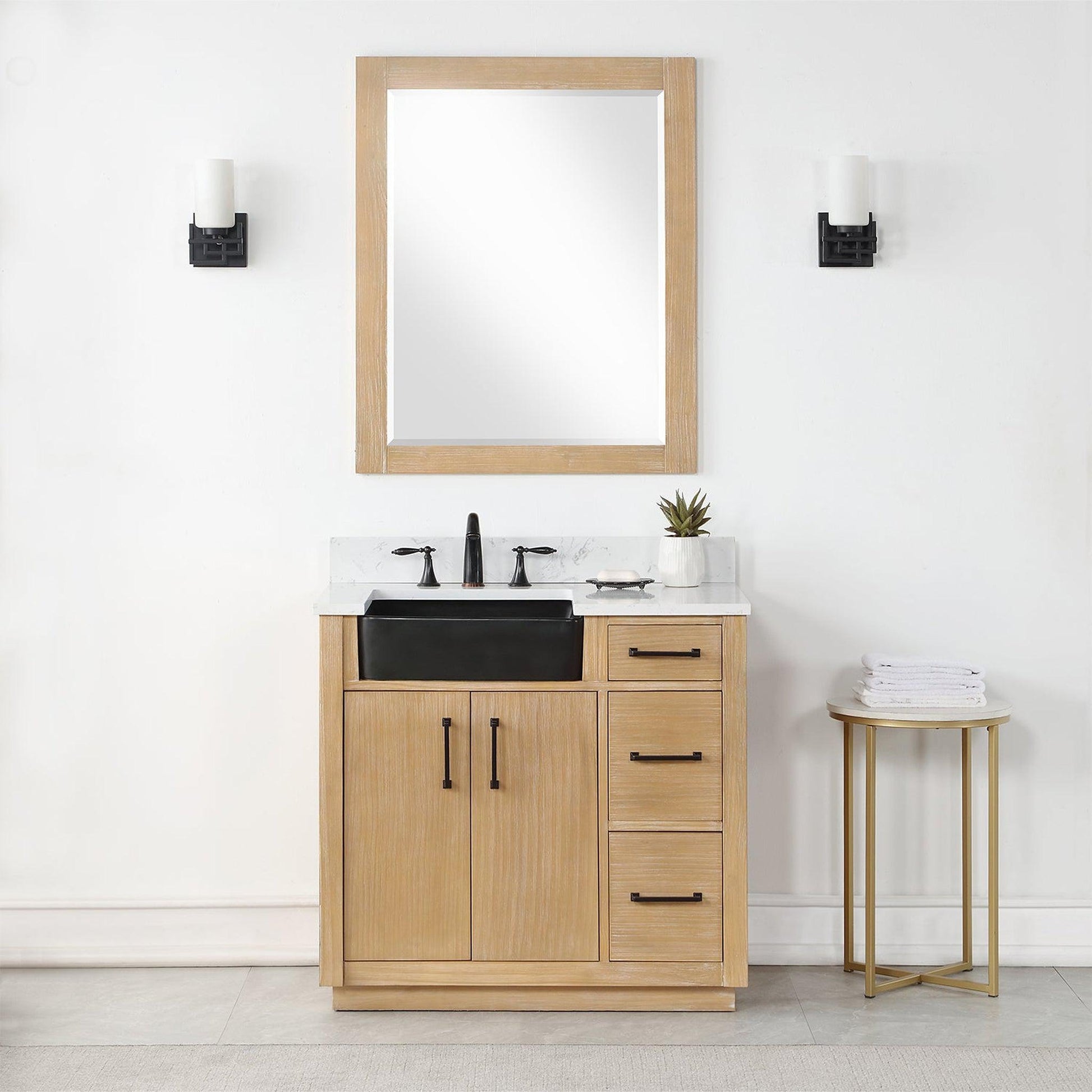 Altair Novago 36" Weathered Pine Freestanding Single Bathroom Vanity Set With Mirror, Aosta White Composite Stone Top, Single Rectangular Drop-In Black Farmhouse Ceramic Sink, Overflow, and Backsplash