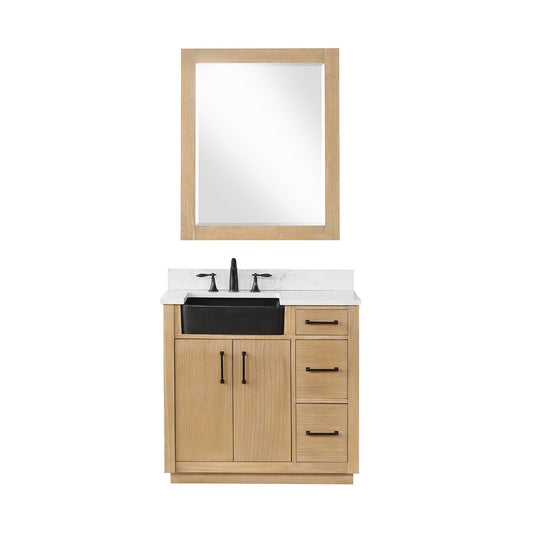 Altair Novago 36" Weathered Pine Freestanding Single Bathroom Vanity Set With Mirror, Aosta White Composite Stone Top, Single Rectangular Drop-In Black Farmhouse Ceramic Sink, Overflow, and Backsplash