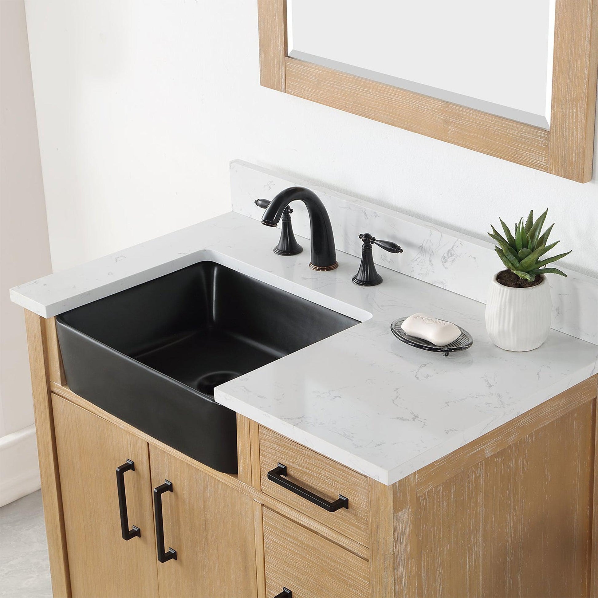 Altair Novago 36" Weathered Pine Freestanding Single Bathroom Vanity Set With Mirror, Aosta White Composite Stone Top, Single Rectangular Drop-In Black Farmhouse Ceramic Sink, Overflow, and Backsplash