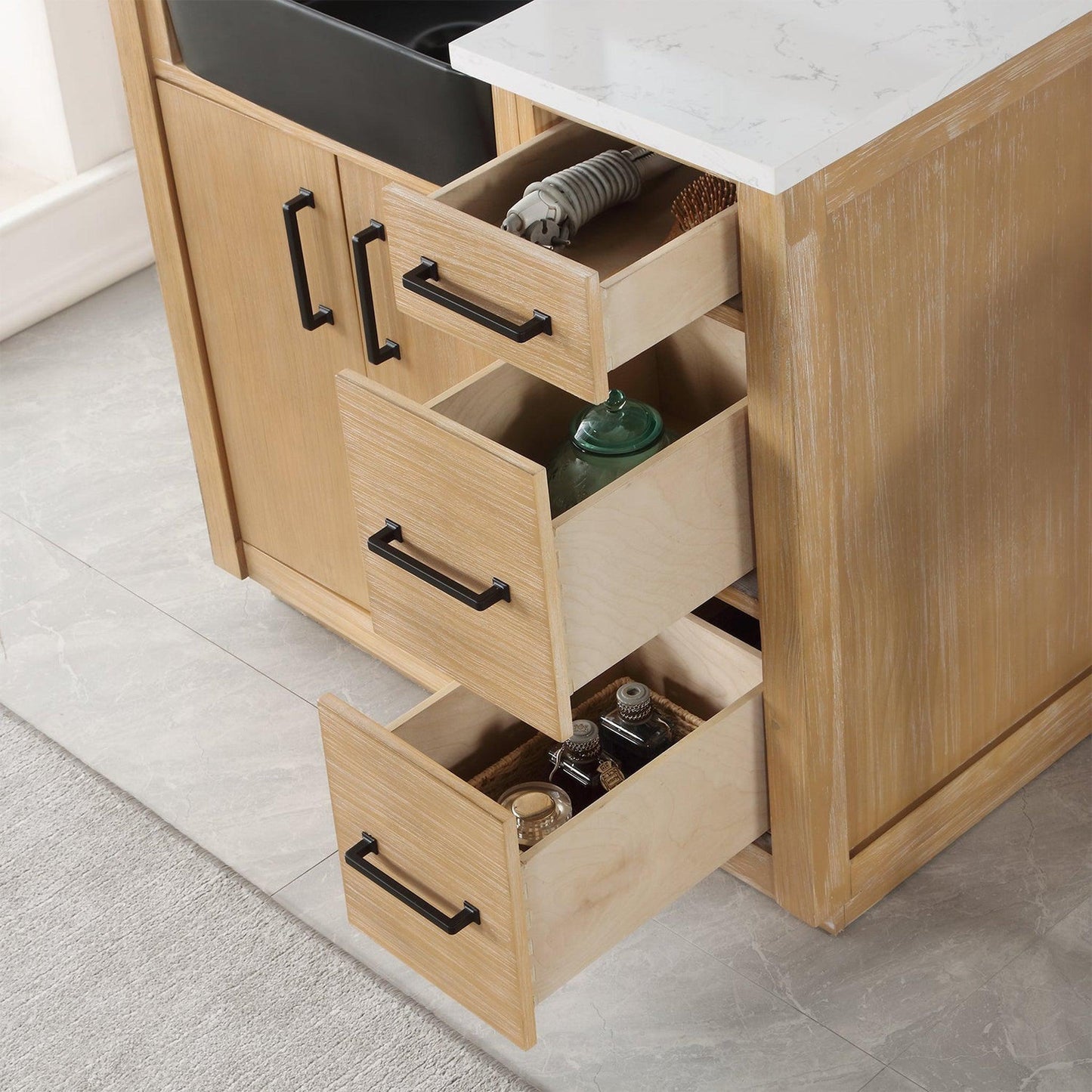 Altair Novago 36" Weathered Pine Freestanding Single Bathroom Vanity Set With Mirror, Aosta White Composite Stone Top, Single Rectangular Drop-In Black Farmhouse Ceramic Sink, Overflow, and Backsplash