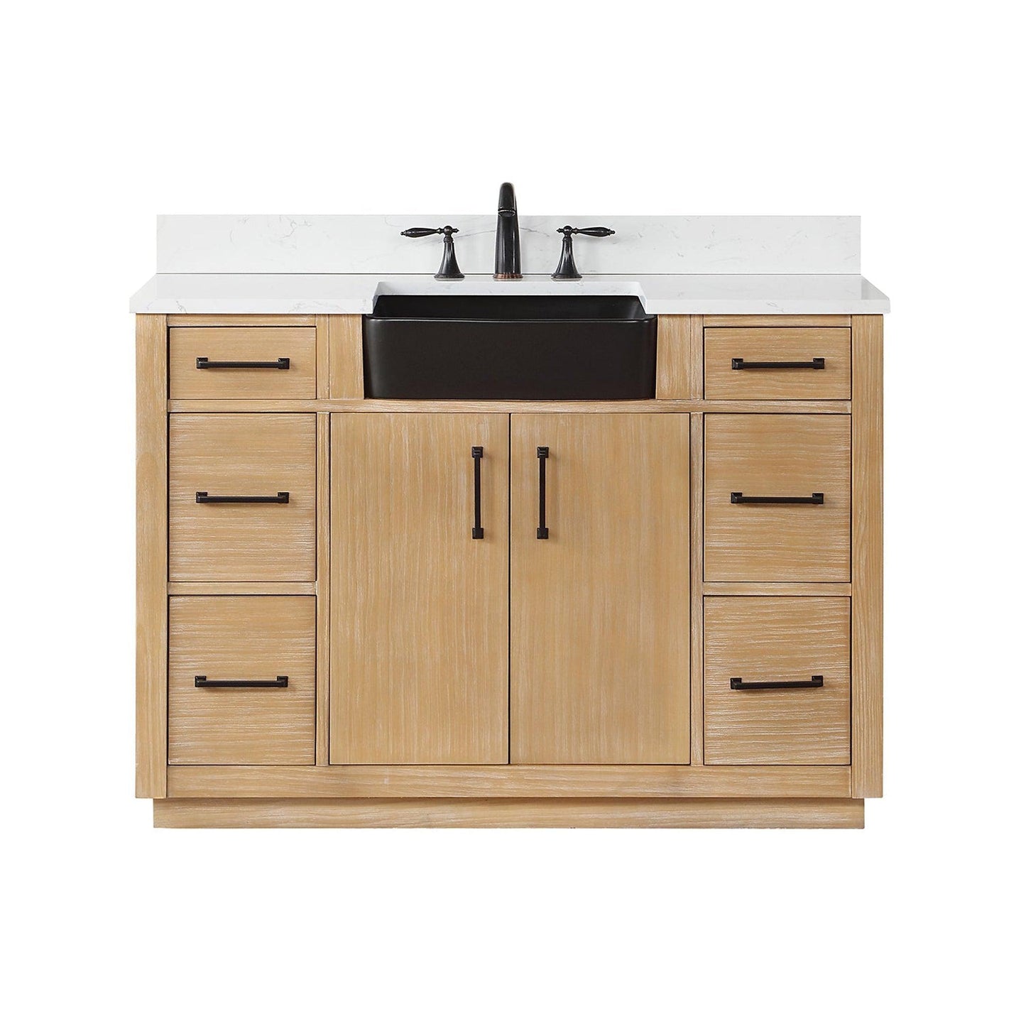 Altair Novago 48" Weathered Pine Freestanding Single Bathroom Vanity Set With Aosta White Composite Stone Top, Single Rectangular Drop-In Black Farmhouse Ceramic Sink, Overflow, and Backsplash