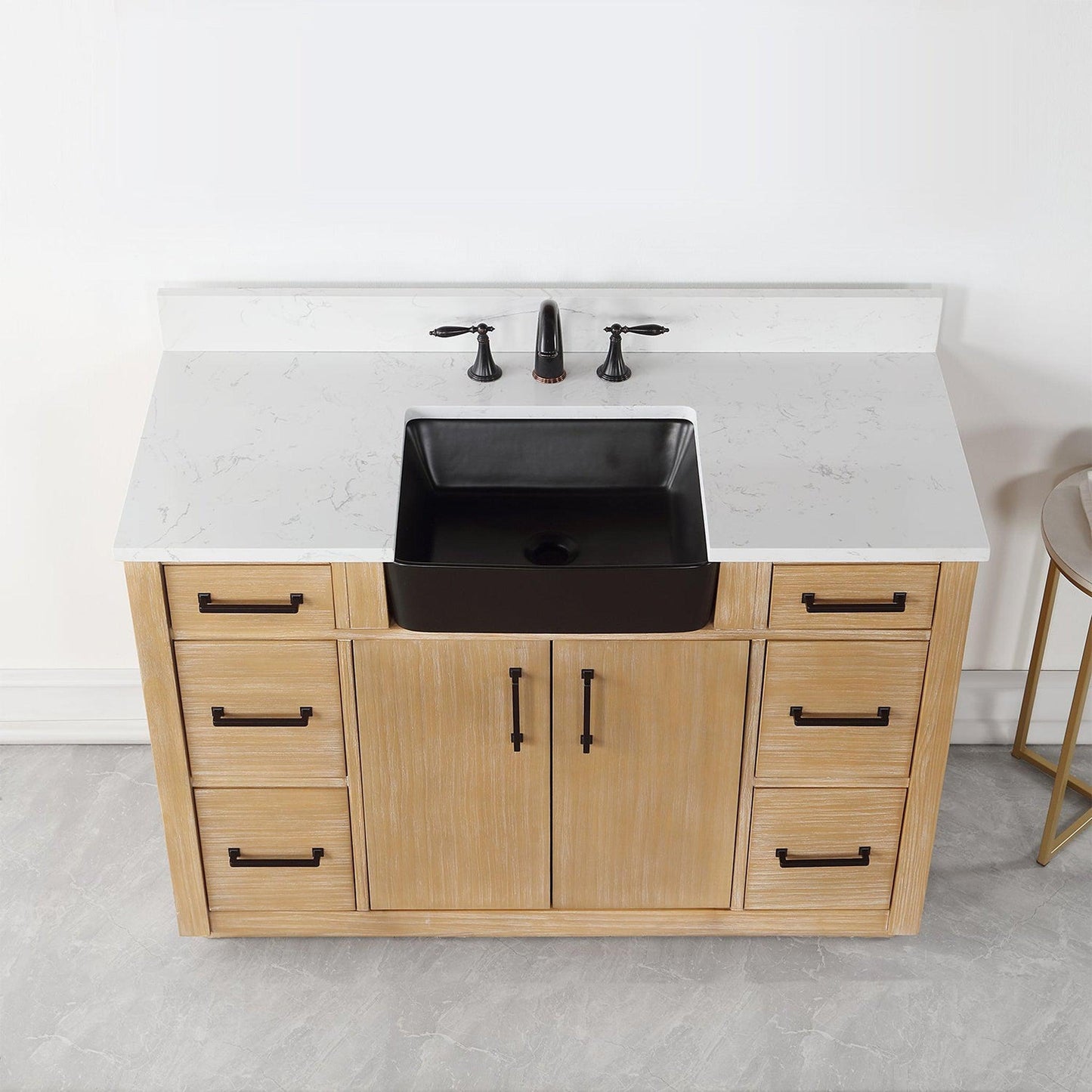 Altair Novago 48" Weathered Pine Freestanding Single Bathroom Vanity Set With Aosta White Composite Stone Top, Single Rectangular Drop-In Black Farmhouse Ceramic Sink, Overflow, and Backsplash