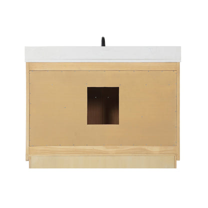 Altair Novago 48" Weathered Pine Freestanding Single Bathroom Vanity Set With Aosta White Composite Stone Top, Single Rectangular Drop-In Black Farmhouse Ceramic Sink, Overflow, and Backsplash