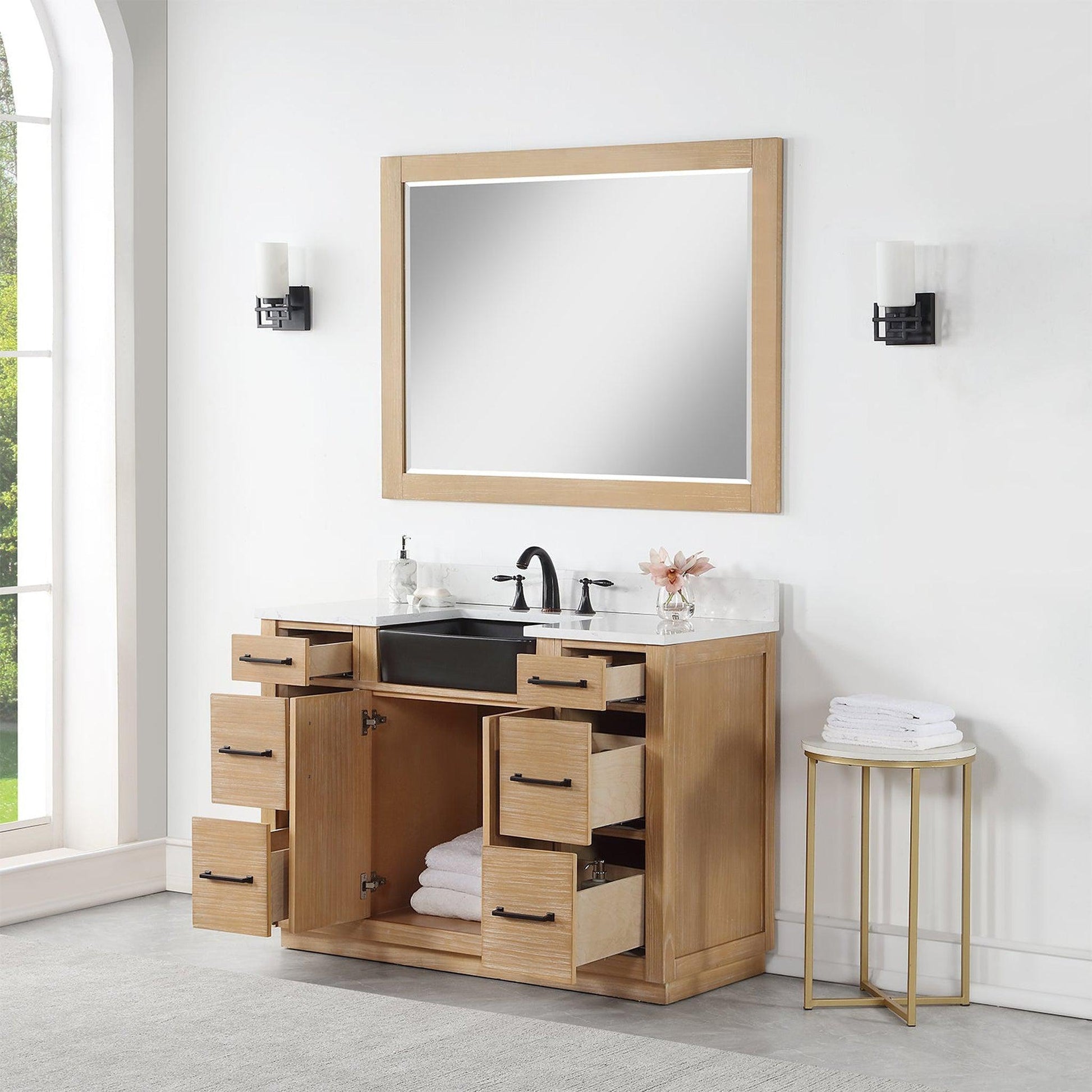 Altair Novago 48" Weathered Pine Freestanding Single Bathroom Vanity Set With Mirror, Aosta White Composite Stone Top, Single Rectangular Drop-In Black Farmhouse Ceramic Sink, Overflow, and Backsplash