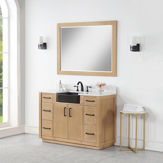 Altair Novago 48" Weathered Pine Freestanding Single Bathroom Vanity Set With Mirror, Aosta White Composite Stone Top, Single Rectangular Drop-In Black Farmhouse Ceramic Sink, Overflow, and Backsplash