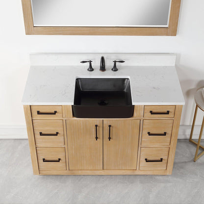 Altair Novago 48" Weathered Pine Freestanding Single Bathroom Vanity Set With Mirror, Aosta White Composite Stone Top, Single Rectangular Drop-In Black Farmhouse Ceramic Sink, Overflow, and Backsplash