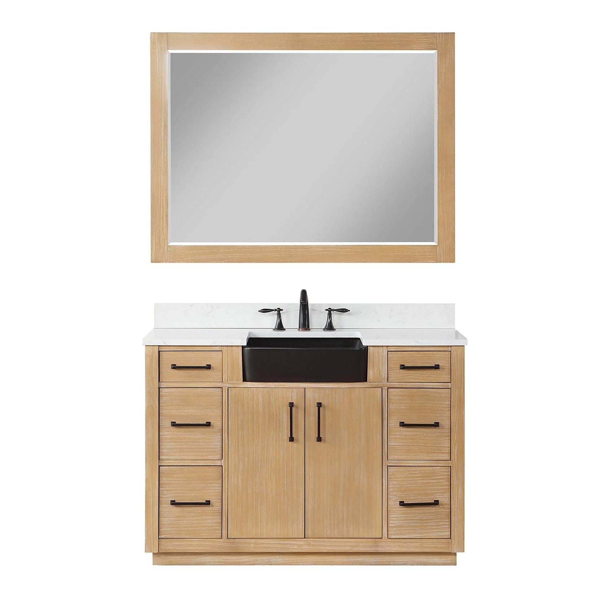 Altair Novago 48" Weathered Pine Freestanding Single Bathroom Vanity Set With Mirror, Aosta White Composite Stone Top, Single Rectangular Drop-In Black Farmhouse Ceramic Sink, Overflow, and Backsplash