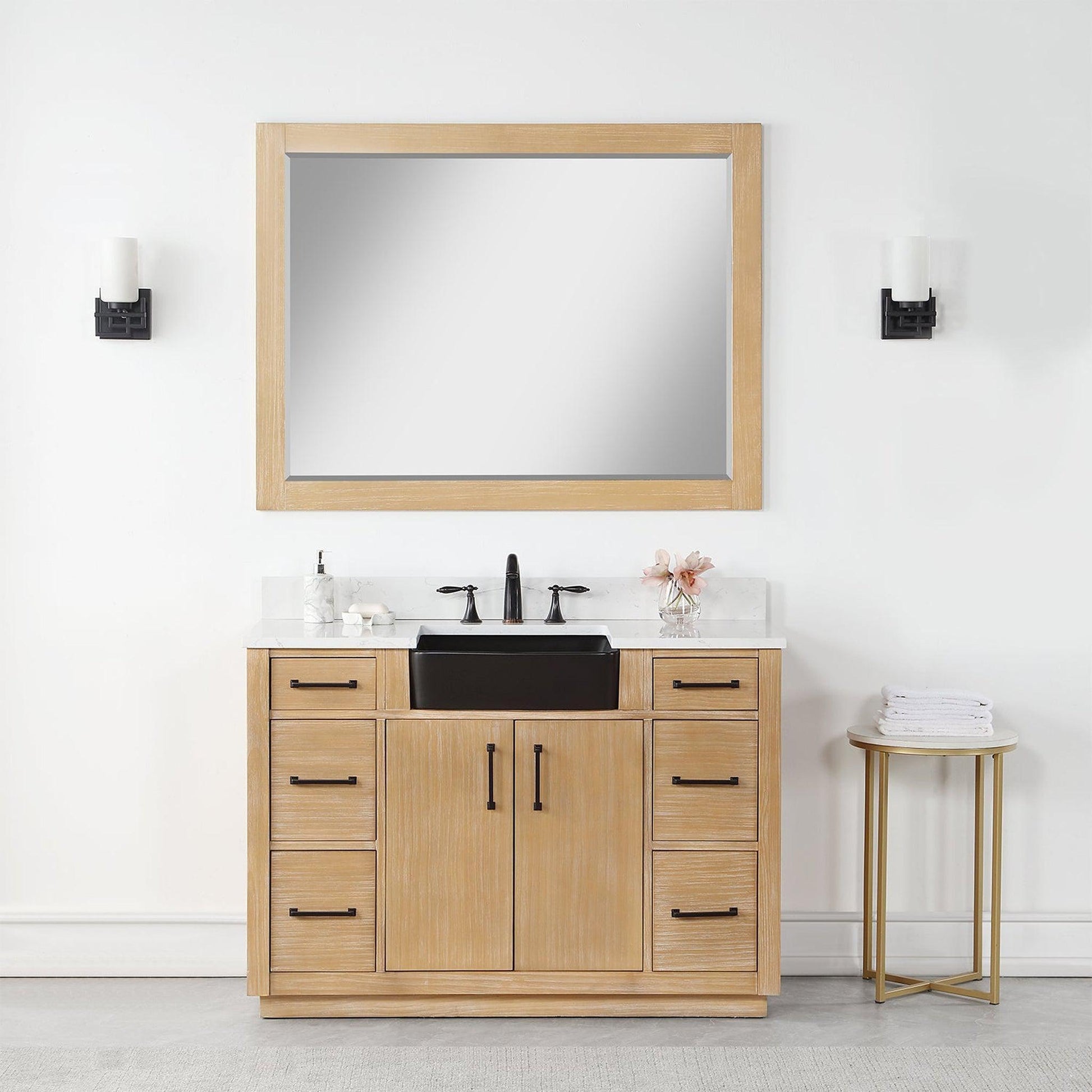 Altair Novago 48" Weathered Pine Freestanding Single Bathroom Vanity Set With Mirror, Aosta White Composite Stone Top, Single Rectangular Drop-In Black Farmhouse Ceramic Sink, Overflow, and Backsplash