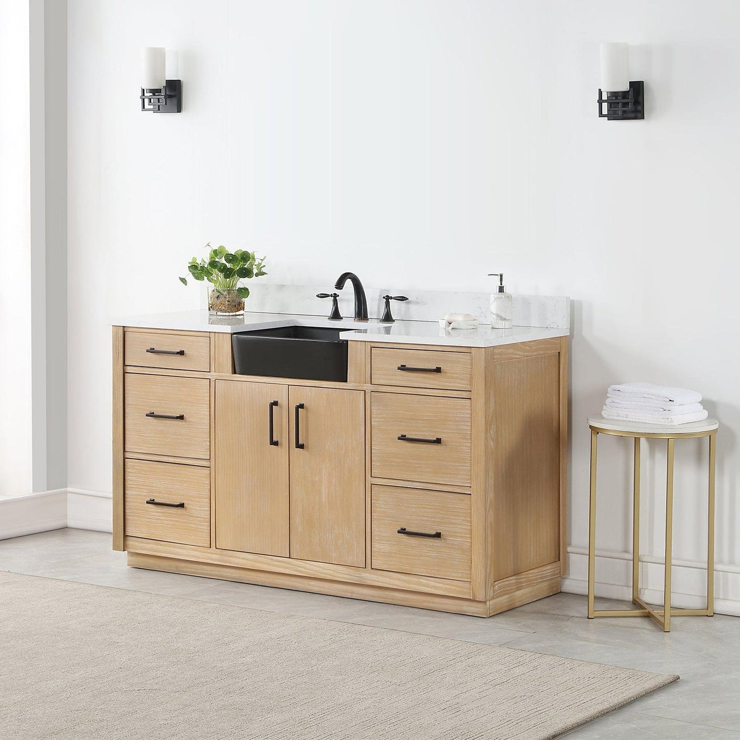 Altair Novago 60" Weathered Pine Freestanding Single Bathroom Vanity Set With Aosta White Composite Stone Top, Single Rectangular Drop-In Black Farmhouse Ceramic Sink, Overflow, and Backsplash