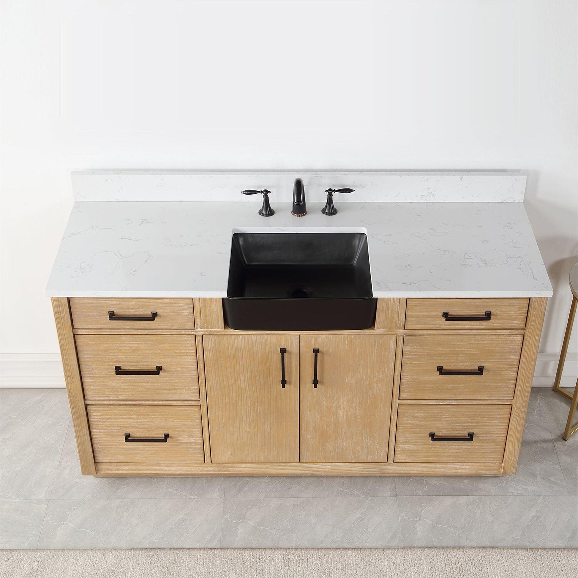 Altair Novago 60" Weathered Pine Freestanding Single Bathroom Vanity Set With Aosta White Composite Stone Top, Single Rectangular Drop-In Black Farmhouse Ceramic Sink, Overflow, and Backsplash