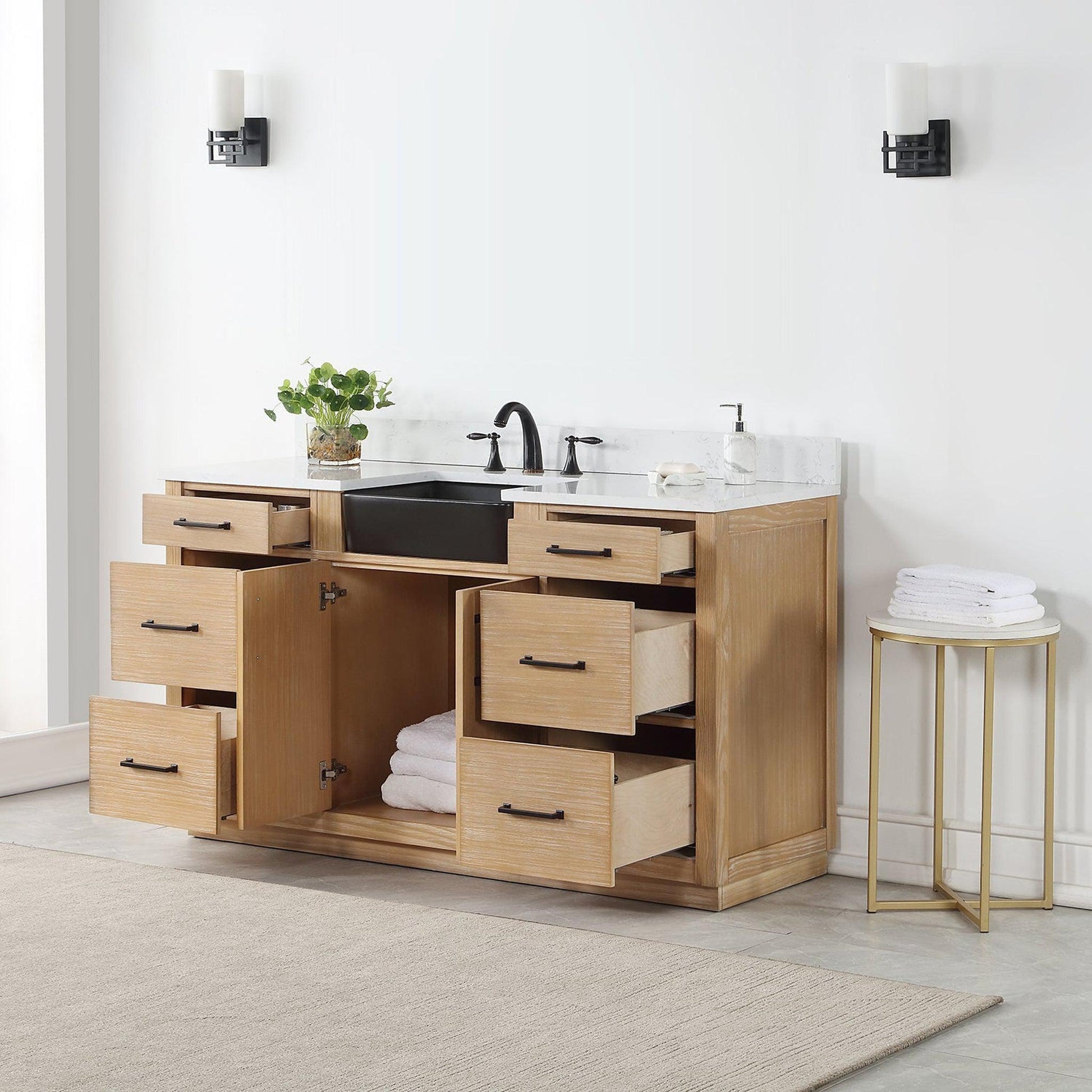 Altair Novago 60" Weathered Pine Freestanding Single Bathroom Vanity Set With Aosta White Composite Stone Top, Single Rectangular Drop-In Black Farmhouse Ceramic Sink, Overflow, and Backsplash