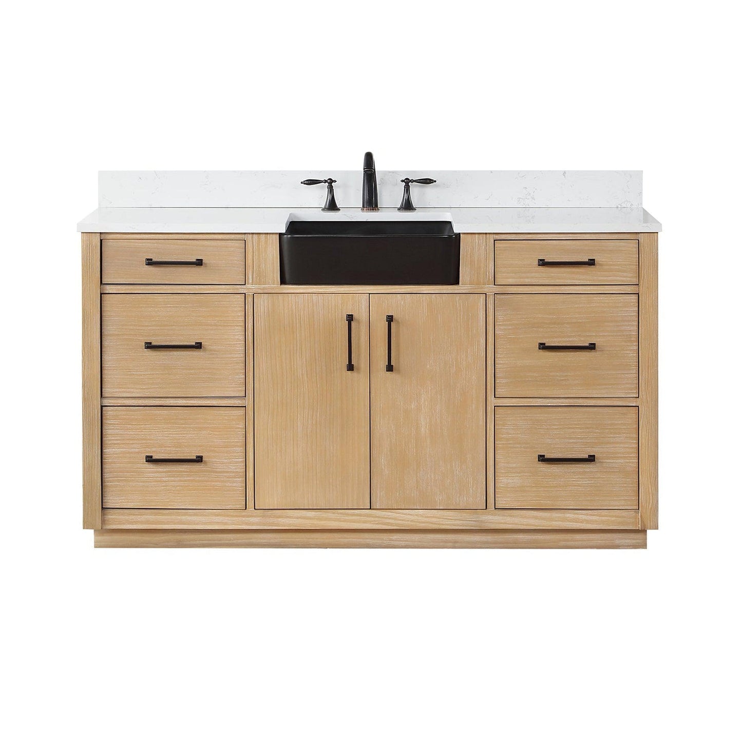 Altair Novago 60" Weathered Pine Freestanding Single Bathroom Vanity Set With Aosta White Composite Stone Top, Single Rectangular Drop-In Black Farmhouse Ceramic Sink, Overflow, and Backsplash