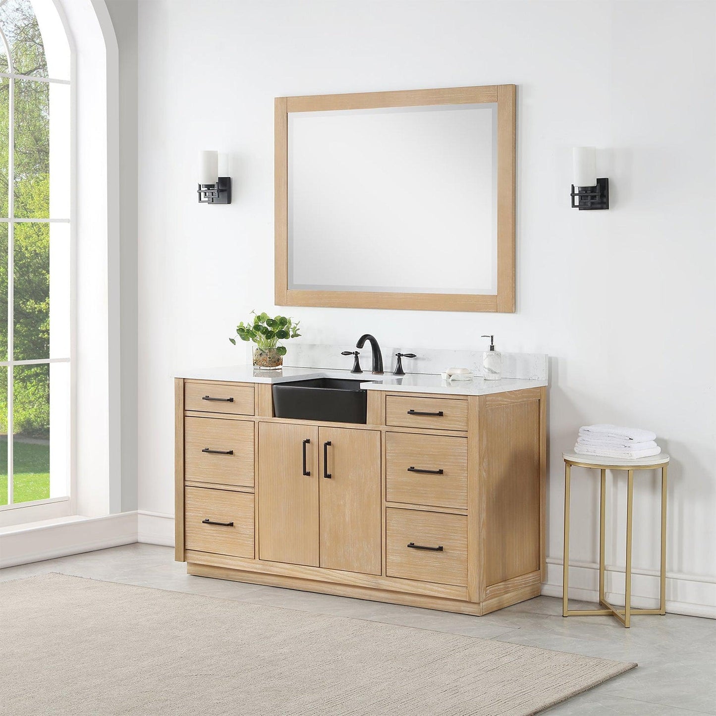 Altair Novago 60" Weathered Pine Freestanding Single Bathroom Vanity Set With Mirror, Aosta White Composite Stone Top, Single Rectangular Drop-In Black Farmhouse Ceramic Sink, Overflow, and Backsplash