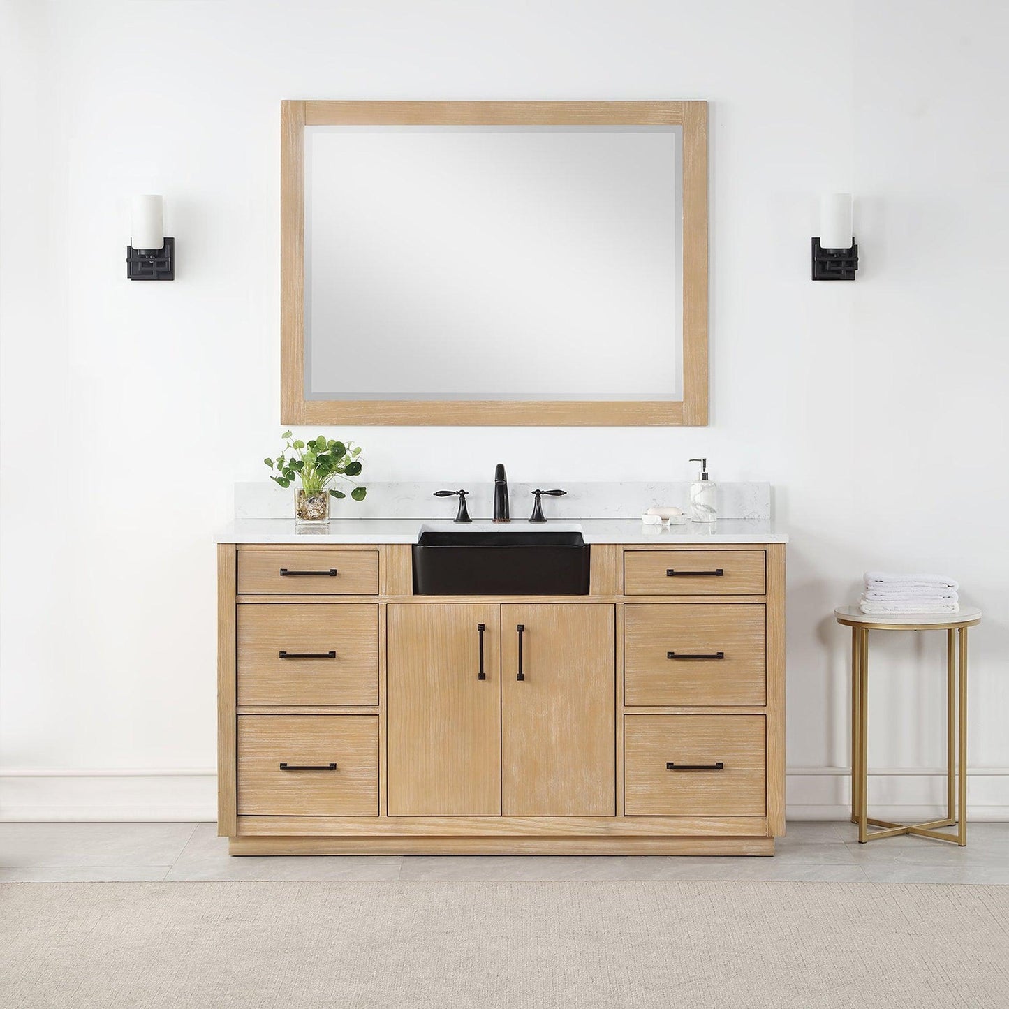 Altair Novago 60" Weathered Pine Freestanding Single Bathroom Vanity Set With Mirror, Aosta White Composite Stone Top, Single Rectangular Drop-In Black Farmhouse Ceramic Sink, Overflow, and Backsplash