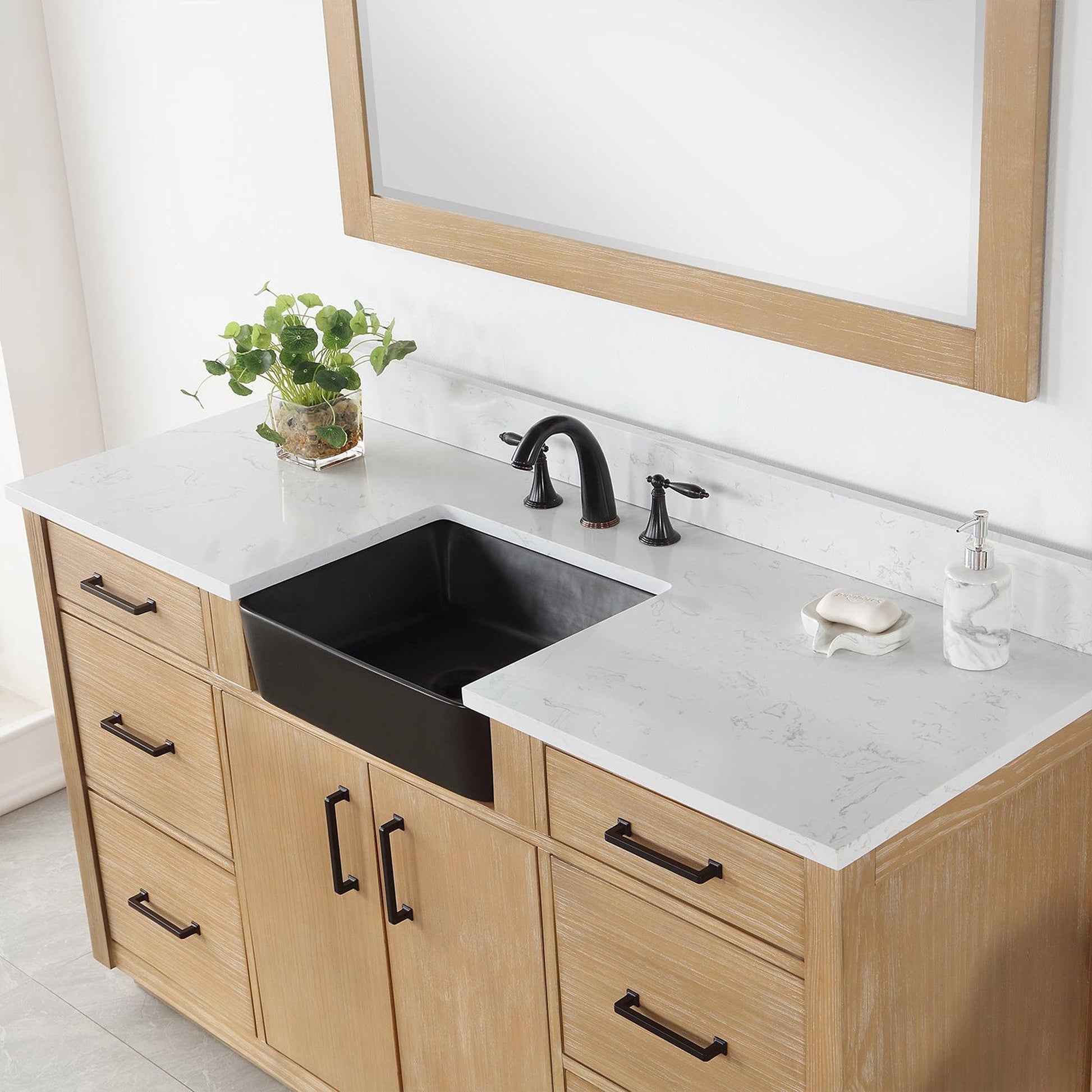 Altair Novago 60" Weathered Pine Freestanding Single Bathroom Vanity Set With Mirror, Aosta White Composite Stone Top, Single Rectangular Drop-In Black Farmhouse Ceramic Sink, Overflow, and Backsplash