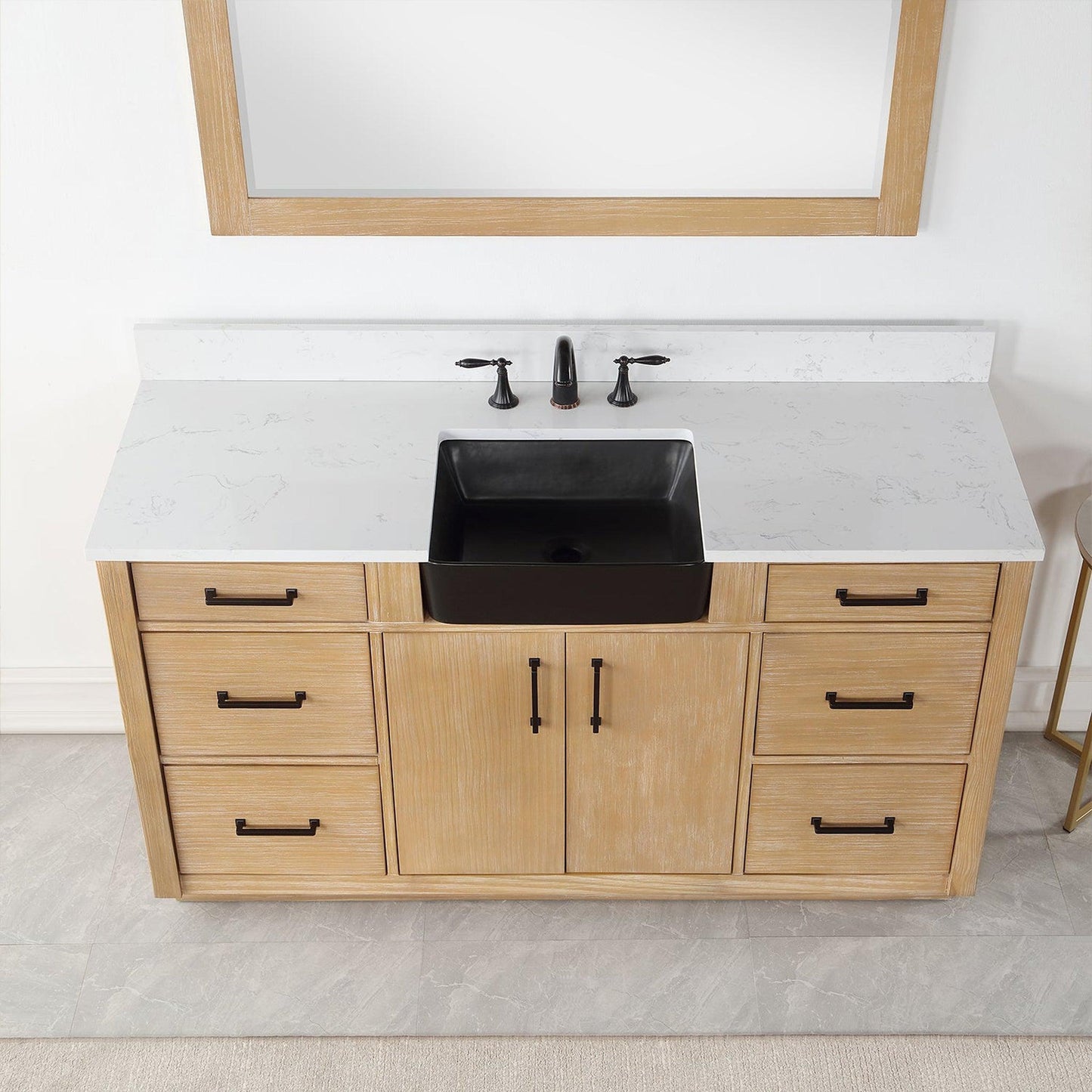 Altair Novago 60" Weathered Pine Freestanding Single Bathroom Vanity Set With Mirror, Aosta White Composite Stone Top, Single Rectangular Drop-In Black Farmhouse Ceramic Sink, Overflow, and Backsplash