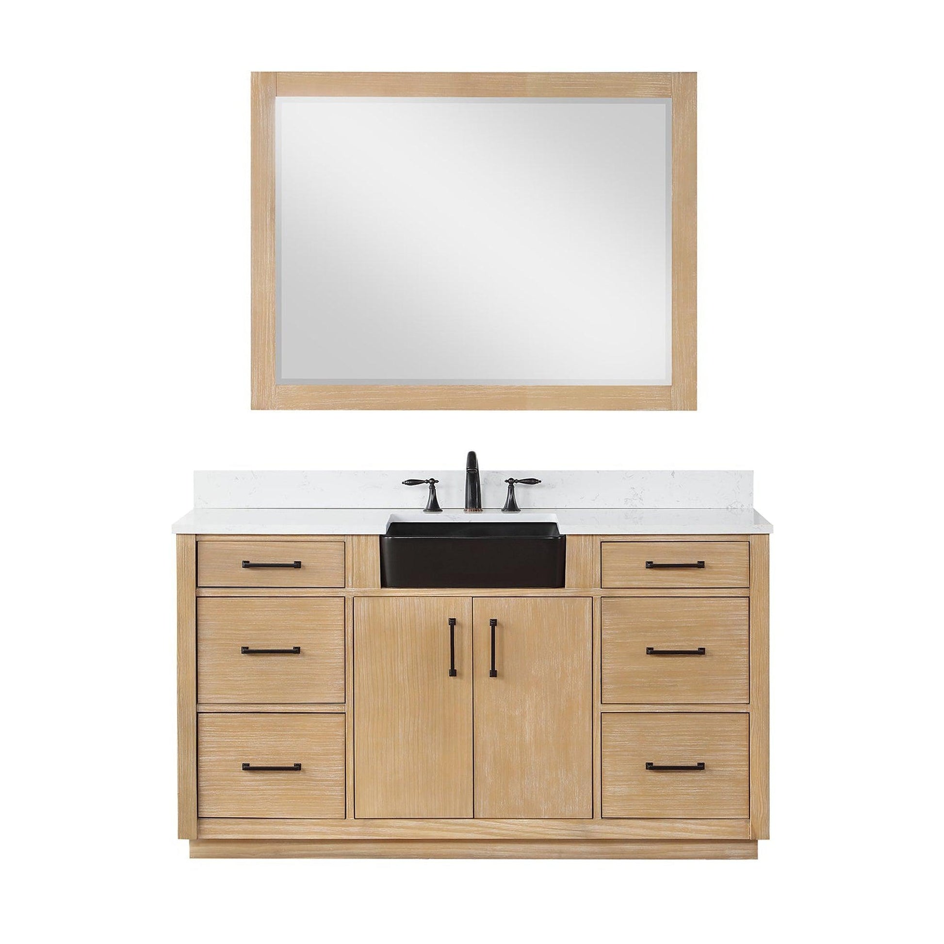 Altair Novago 60" Weathered Pine Freestanding Single Bathroom Vanity Set With Mirror, Aosta White Composite Stone Top, Single Rectangular Drop-In Black Farmhouse Ceramic Sink, Overflow, and Backsplash