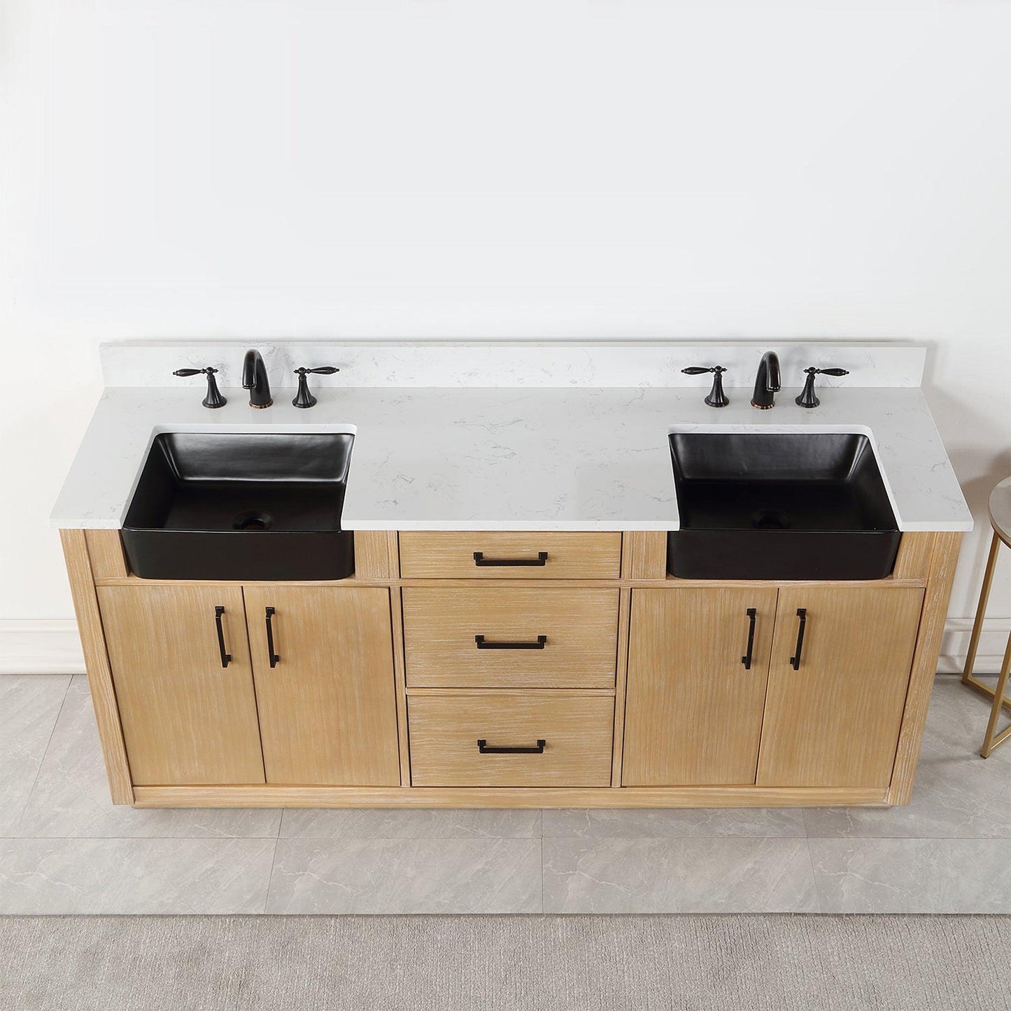 Altair Novago 72" Weathered Pine Freestanding Double Bathroom Vanity Set With Aosta White Composite Stone Top, Double Rectangular Drop-In Black Farmhouse Ceramic Sinks, Overflow, and Backsplash