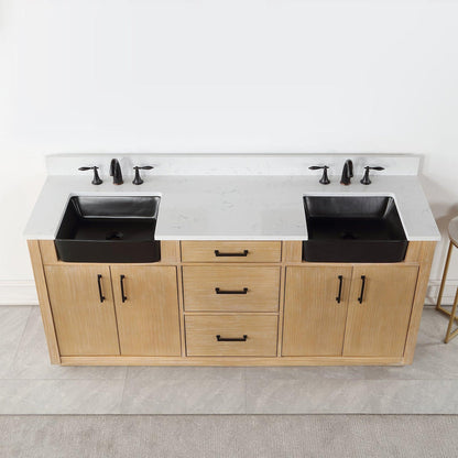 Altair Novago 72" Weathered Pine Freestanding Double Bathroom Vanity Set With Aosta White Composite Stone Top, Double Rectangular Drop-In Black Farmhouse Ceramic Sinks, Overflow, and Backsplash