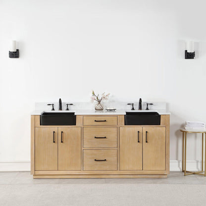 Altair Novago 72" Weathered Pine Freestanding Double Bathroom Vanity Set With Aosta White Composite Stone Top, Double Rectangular Drop-In Black Farmhouse Ceramic Sinks, Overflow, and Backsplash