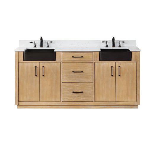 Altair Novago 72" Weathered Pine Freestanding Double Bathroom Vanity Set With Aosta White Composite Stone Top, Double Rectangular Drop-In Black Farmhouse Ceramic Sinks, Overflow, and Backsplash