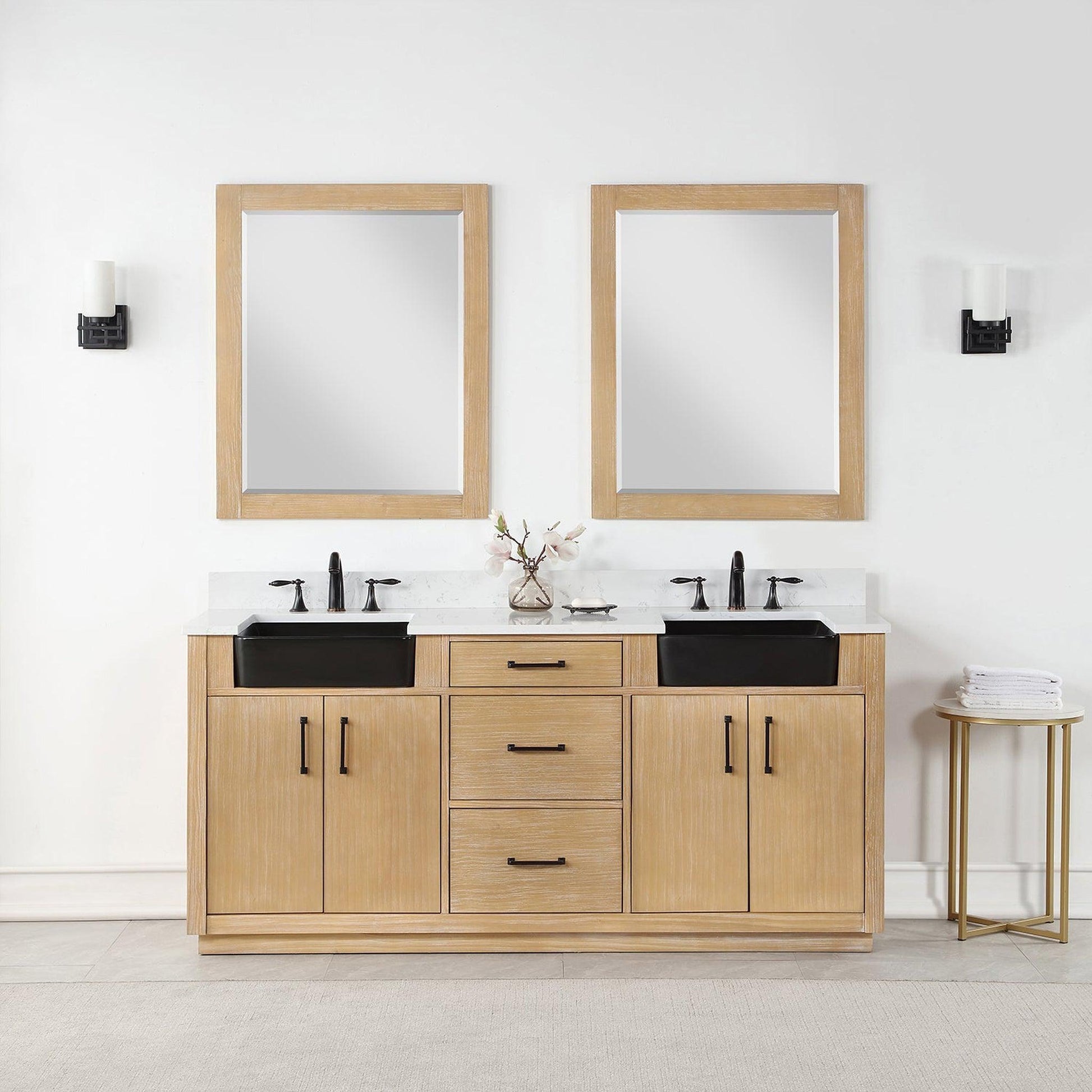 Altair Novago 72" Weathered Pine Freestanding Double Bathroom Vanity Set With Mirror, Aosta White Composite Stone Top, Double Rectangular Drop-In Black Farmhouse Ceramic Sinks, Overflow, and Backsplash