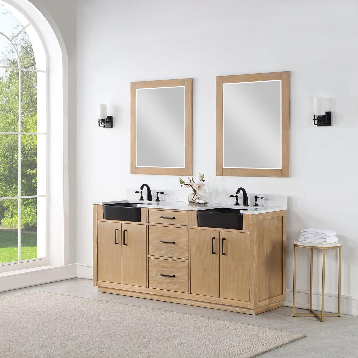 Altair Novago 72" Weathered Pine Freestanding Double Bathroom Vanity Set With Mirror, Aosta White Composite Stone Top, Double Rectangular Drop-In Black Farmhouse Ceramic Sinks, Overflow, and Backsplash