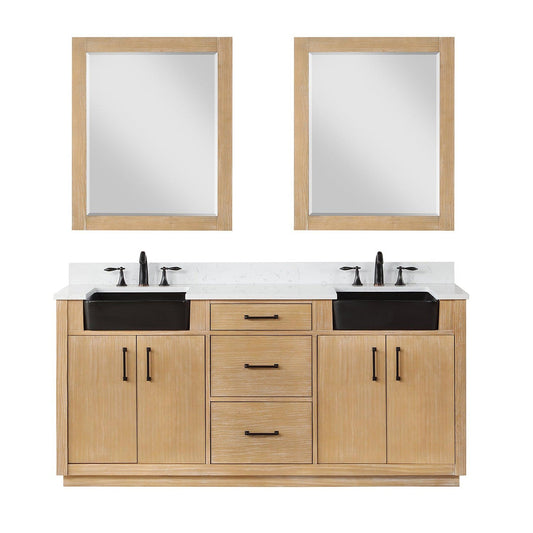 Altair Novago 72" Weathered Pine Freestanding Double Bathroom Vanity Set With Mirror, Aosta White Composite Stone Top, Double Rectangular Drop-In Black Farmhouse Ceramic Sinks, Overflow, and Backsplash