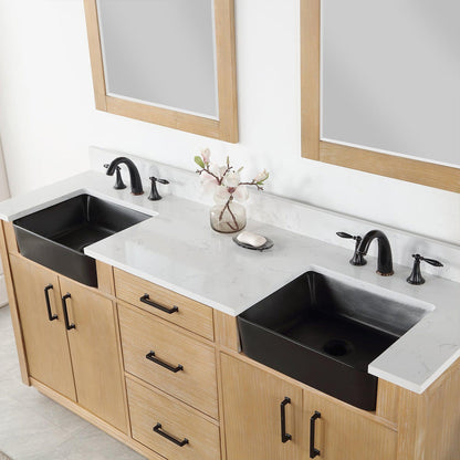 Altair Novago 72" Weathered Pine Freestanding Double Bathroom Vanity Set With Mirror, Aosta White Composite Stone Top, Double Rectangular Drop-In Black Farmhouse Ceramic Sinks, Overflow, and Backsplash