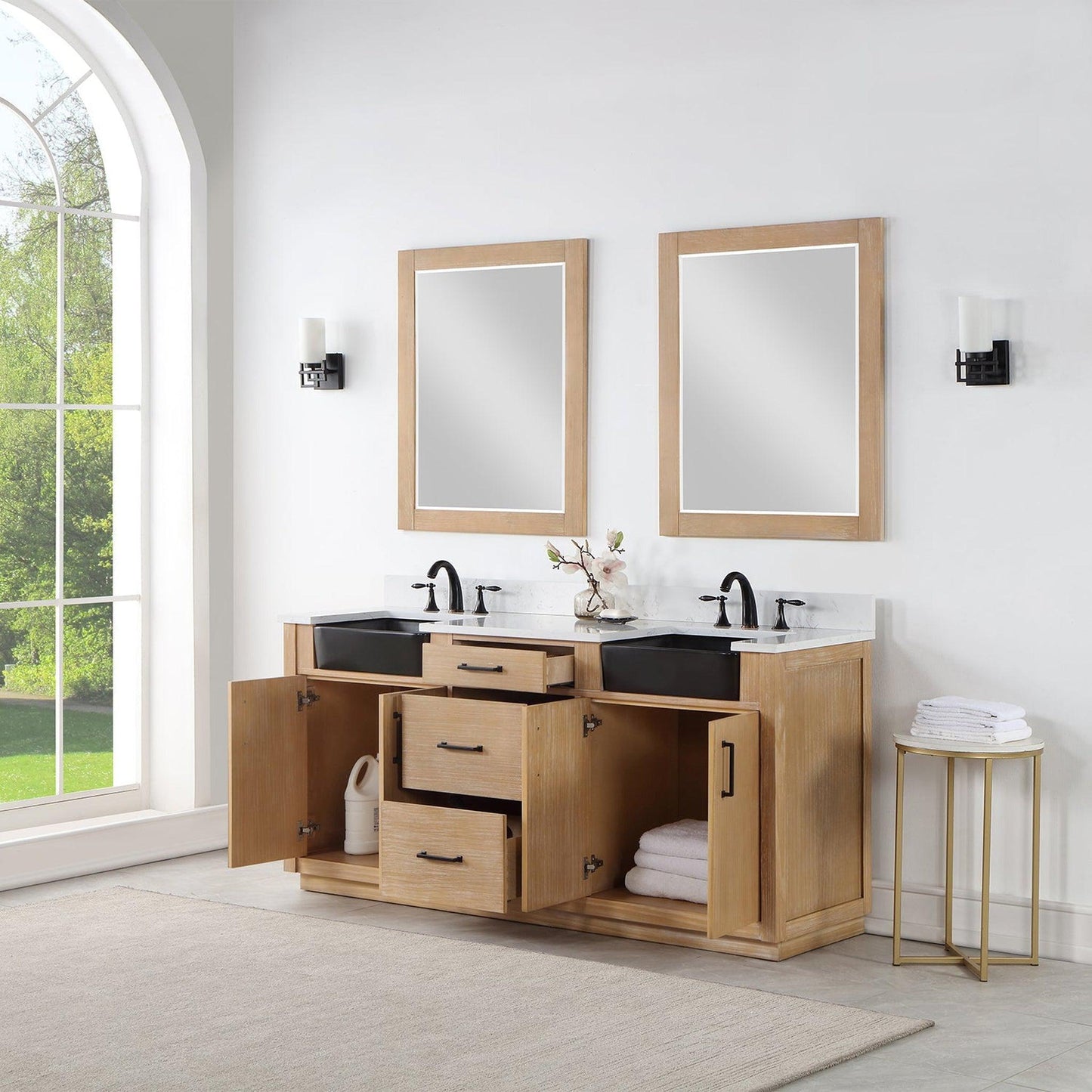 Altair Novago 72" Weathered Pine Freestanding Double Bathroom Vanity Set With Mirror, Aosta White Composite Stone Top, Double Rectangular Drop-In Black Farmhouse Ceramic Sinks, Overflow, and Backsplash