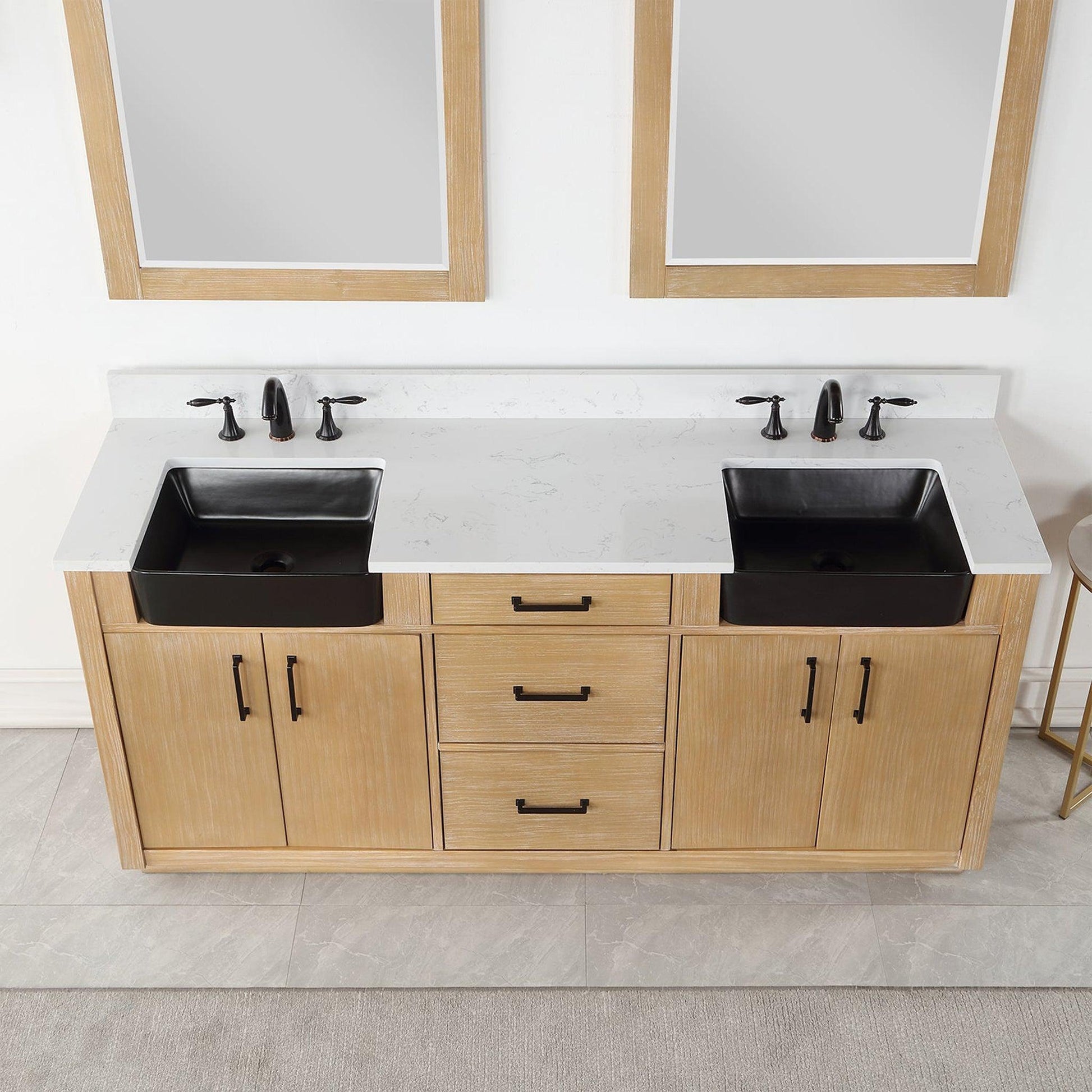 Altair Novago 72" Weathered Pine Freestanding Double Bathroom Vanity Set With Mirror, Aosta White Composite Stone Top, Double Rectangular Drop-In Black Farmhouse Ceramic Sinks, Overflow, and Backsplash