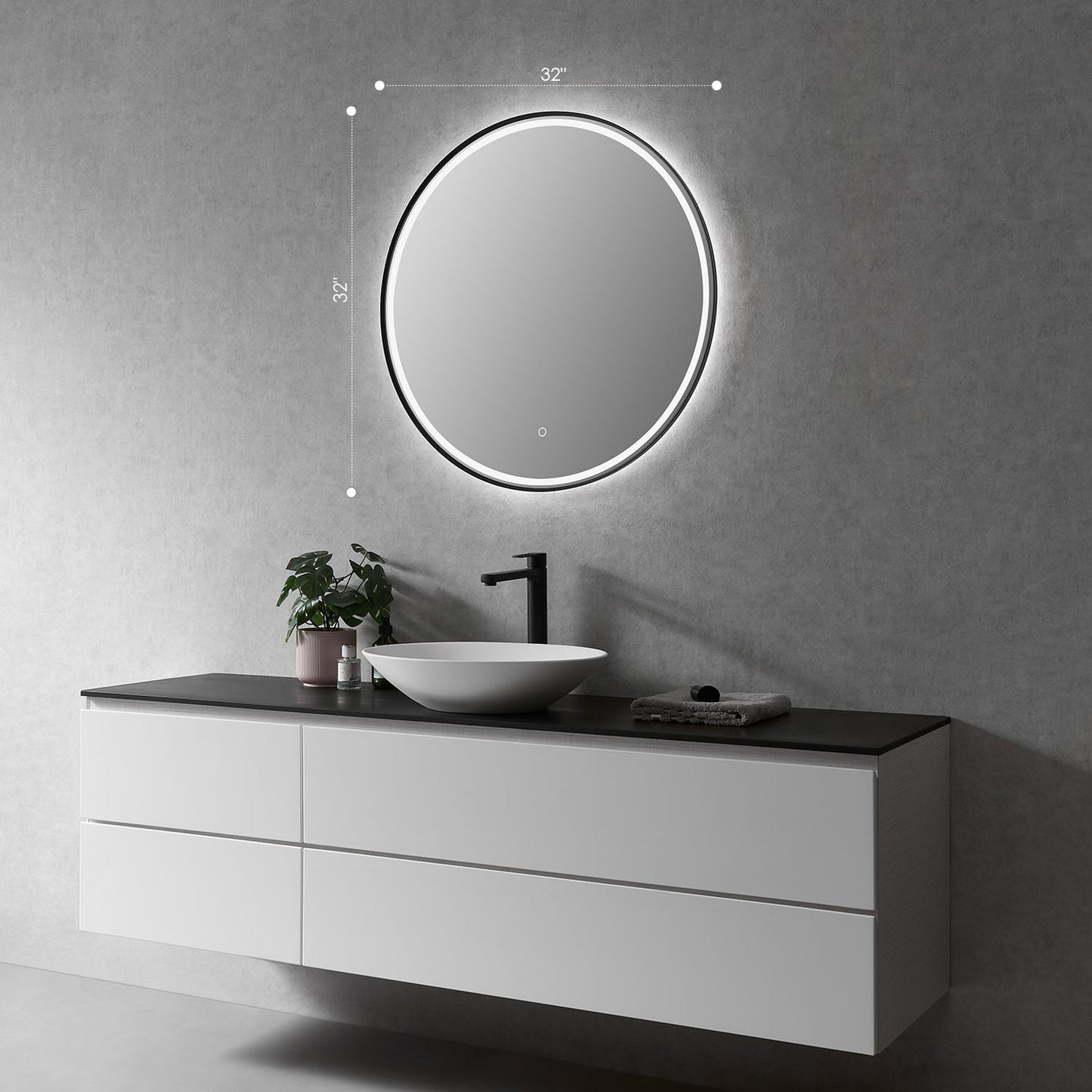 Altair Palme 32" Round Matte Black Wall-Mounted LED Mirror