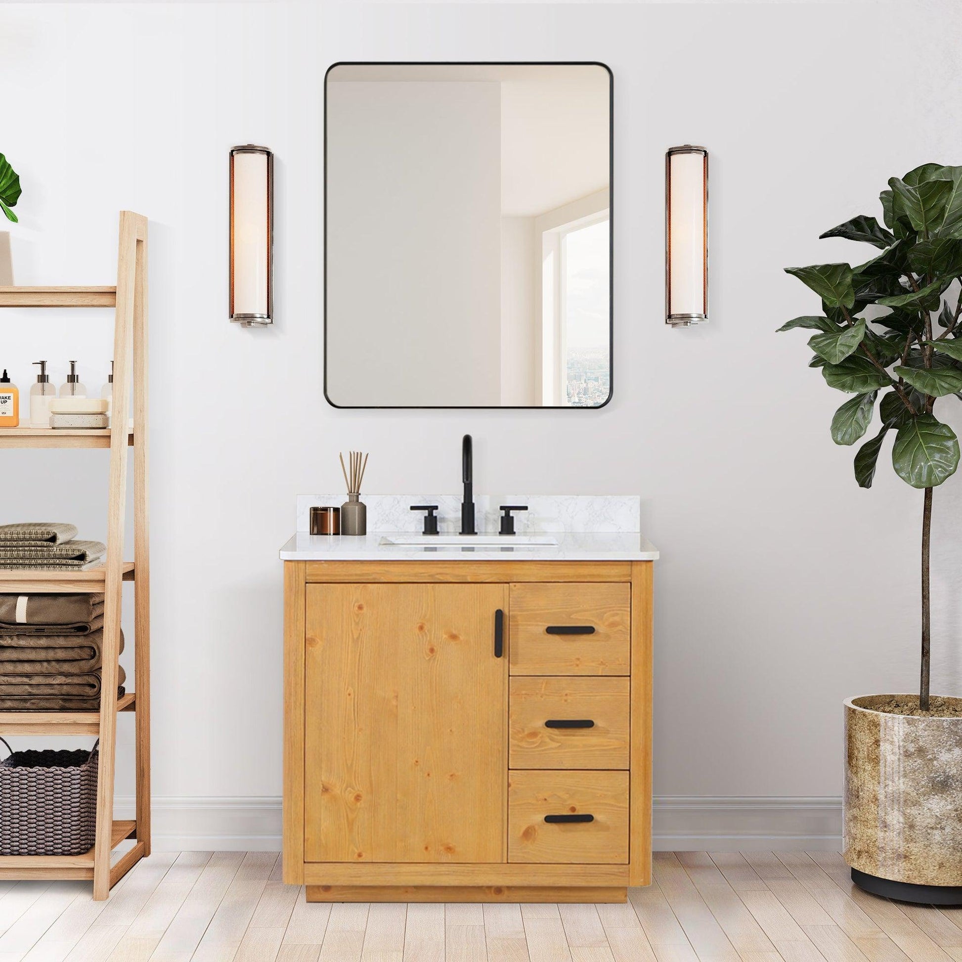Altair Perla 36" Natural Wood Freestanding Single Bathroom Vanity Set With Grain White Composite Stone Top, Single Rectangular Undermount Ceramic Sink, and Overflow