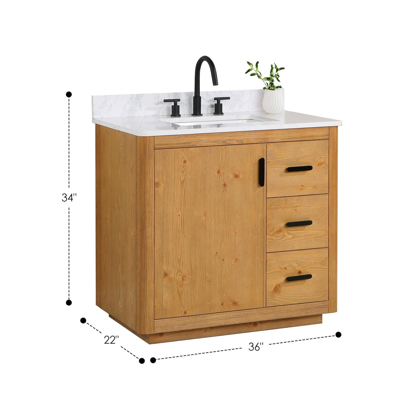 Altair Perla 36" Natural Wood Freestanding Single Bathroom Vanity Set With Grain White Composite Stone Top, Single Rectangular Undermount Ceramic Sink, and Overflow