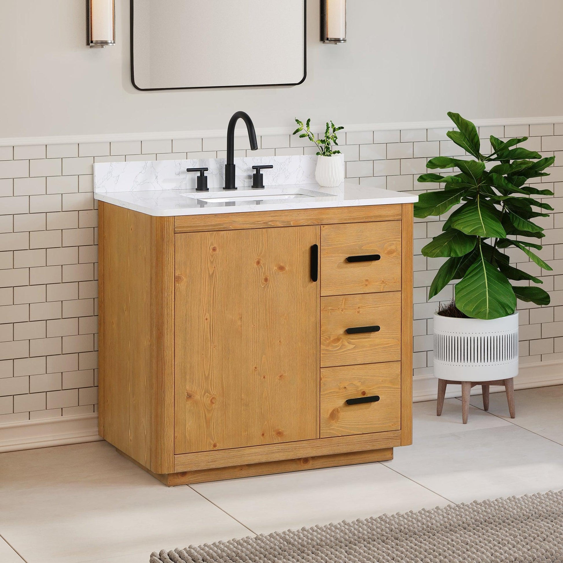 Altair Perla 36" Natural Wood Freestanding Single Bathroom Vanity Set With Grain White Composite Stone Top, Single Rectangular Undermount Ceramic Sink, and Overflow