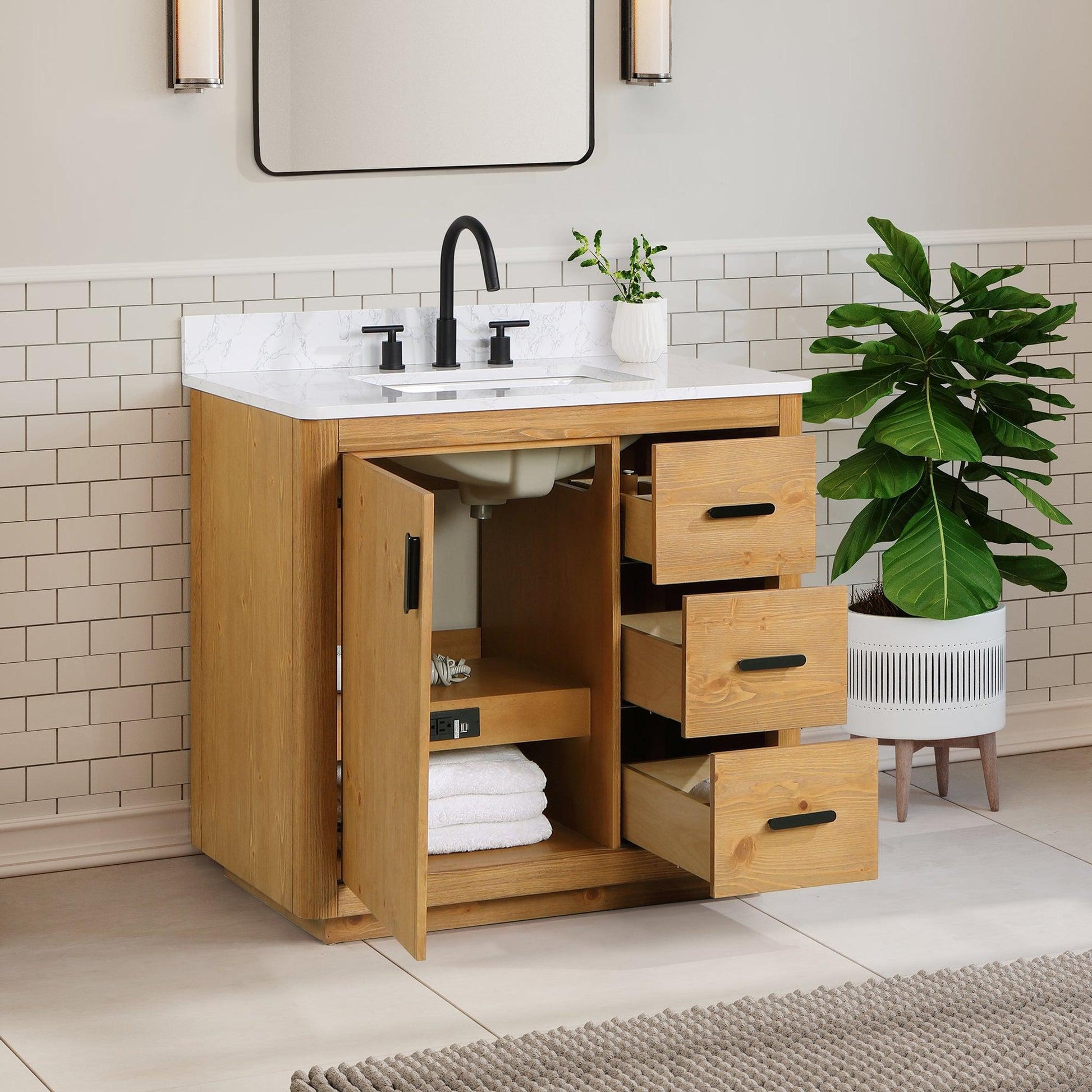 Altair Perla 36" Natural Wood Freestanding Single Bathroom Vanity Set With Grain White Composite Stone Top, Single Rectangular Undermount Ceramic Sink, and Overflow