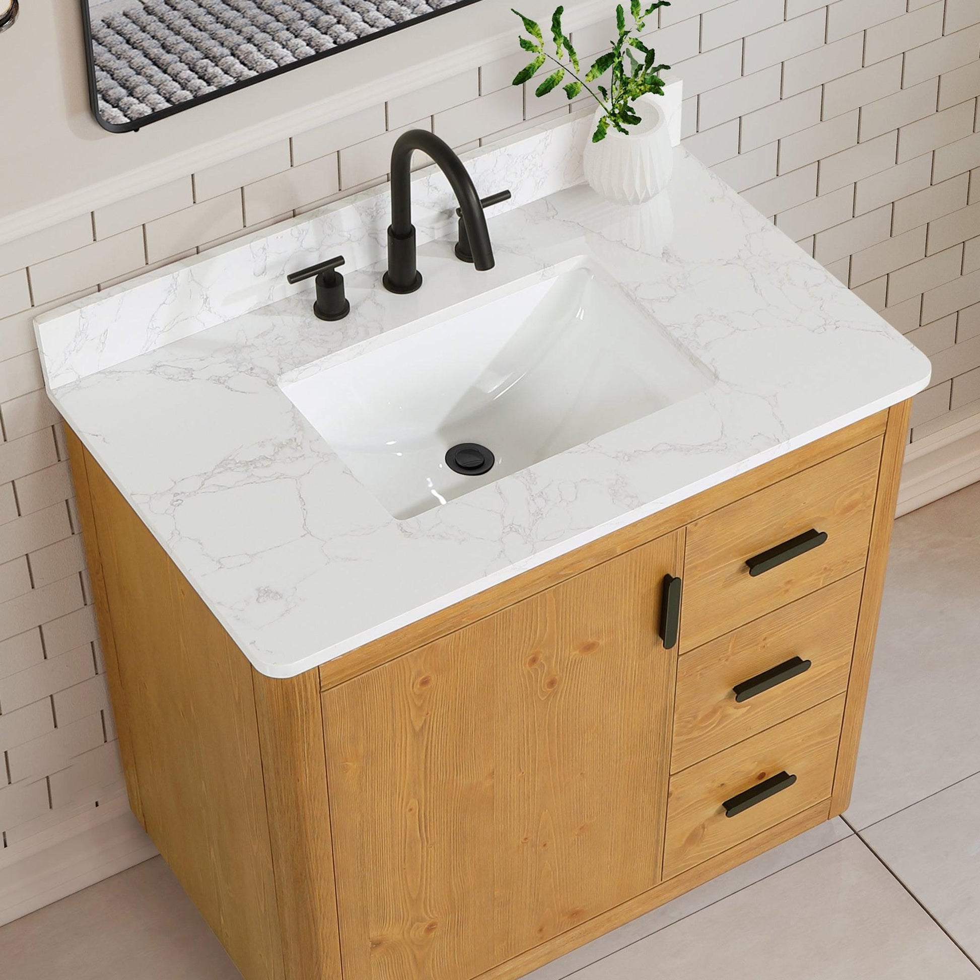 Altair Perla 36" Natural Wood Freestanding Single Bathroom Vanity Set With Grain White Composite Stone Top, Single Rectangular Undermount Ceramic Sink, and Overflow