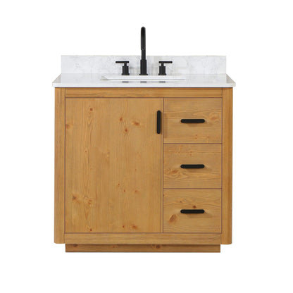 Altair Perla 36" Natural Wood Freestanding Single Bathroom Vanity Set With Grain White Composite Stone Top, Single Rectangular Undermount Ceramic Sink, and Overflow