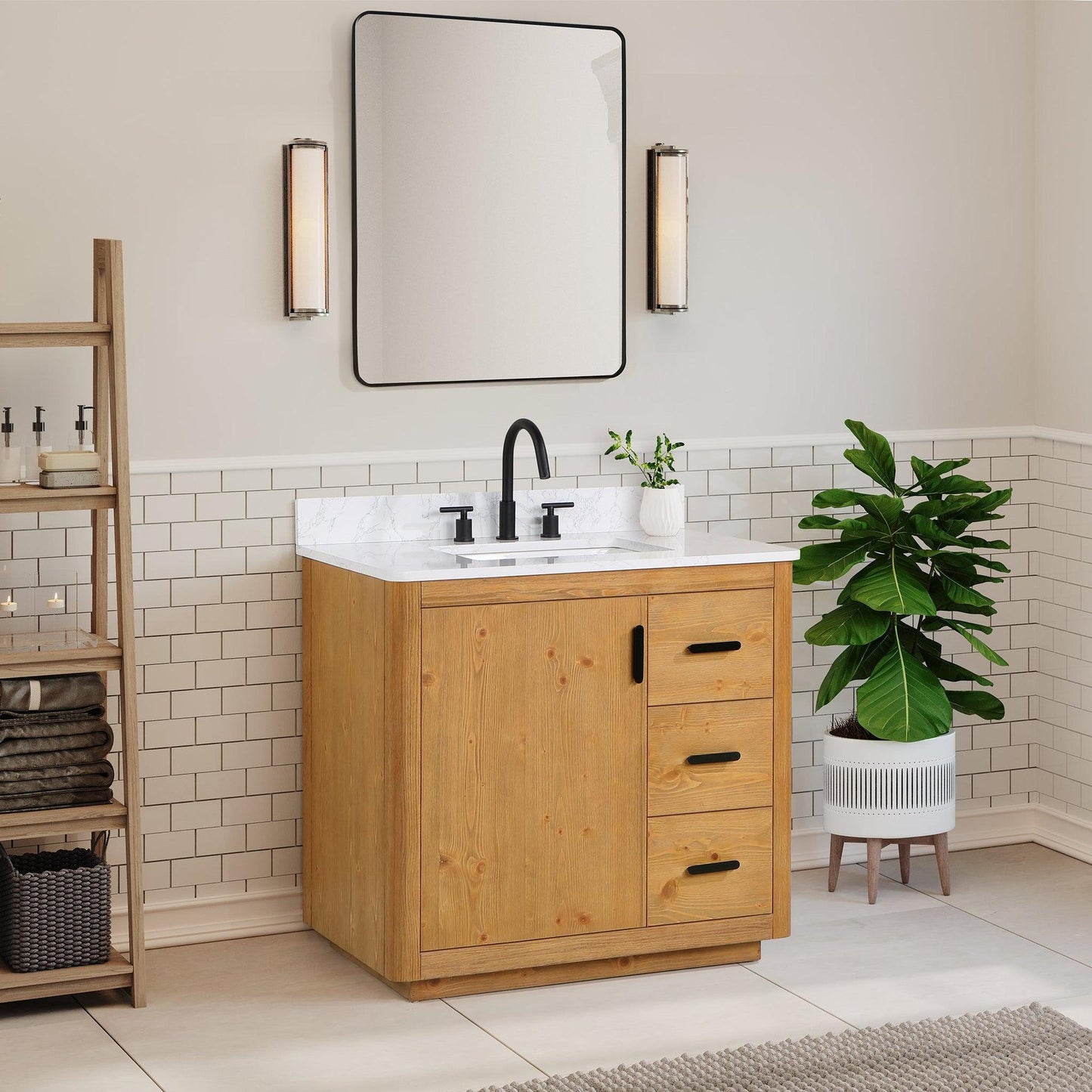 Altair Perla 36" Natural Wood Freestanding Single Bathroom Vanity Set With Mirror, Grain White Composite Stone Top, Single Rectangular Undermount Ceramic Sink, and Overflow