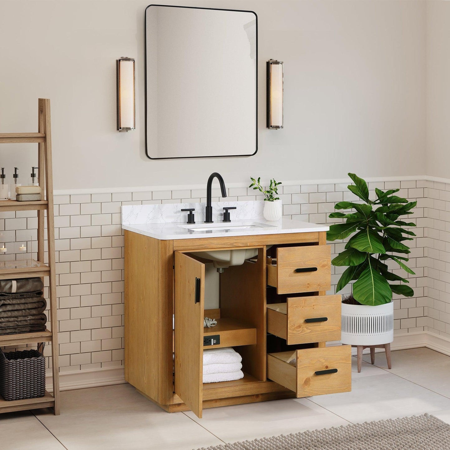 Altair Perla 36" Natural Wood Freestanding Single Bathroom Vanity Set With Mirror, Grain White Composite Stone Top, Single Rectangular Undermount Ceramic Sink, and Overflow