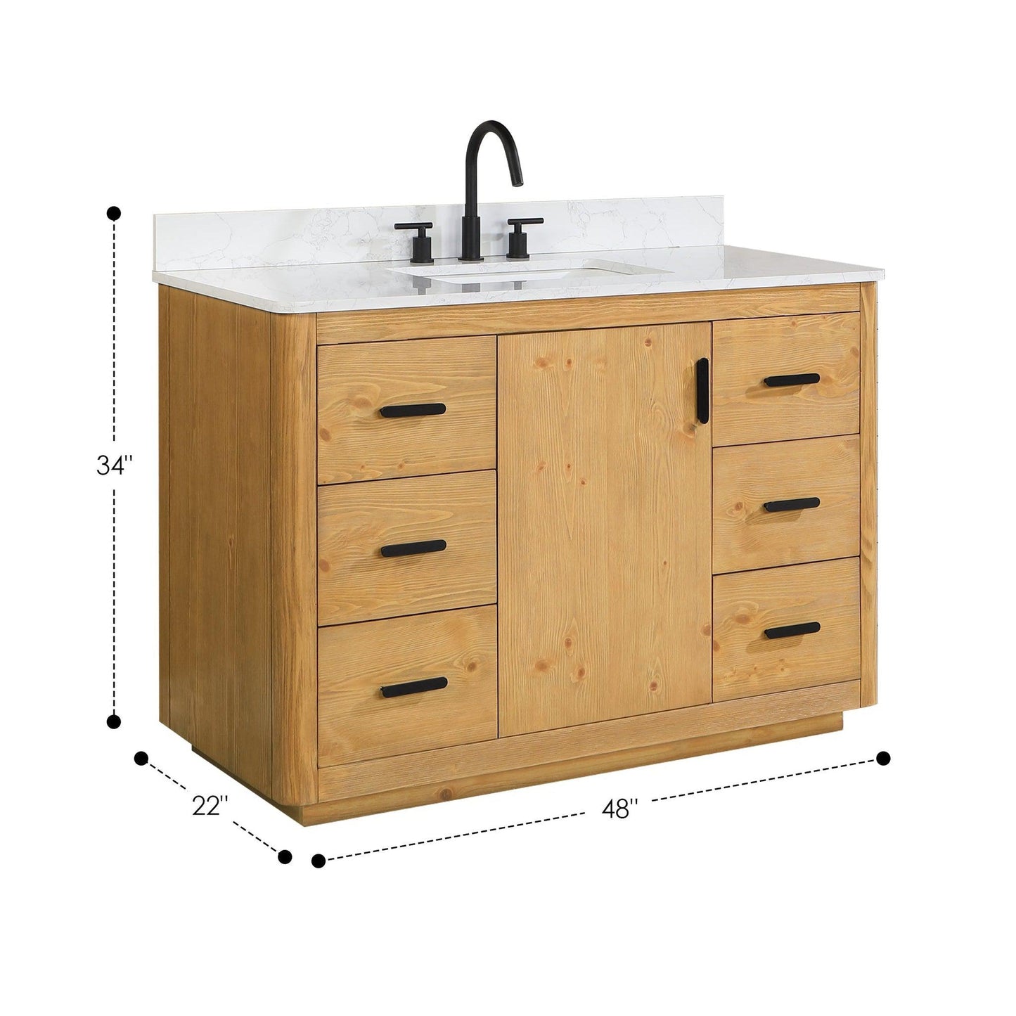 Altair Perla 48" Natural Wood Freestanding Single Bathroom Vanity Set With Grain White Composite Stone Top, Single Rectangular Undermount Ceramic Sink, and Overflow