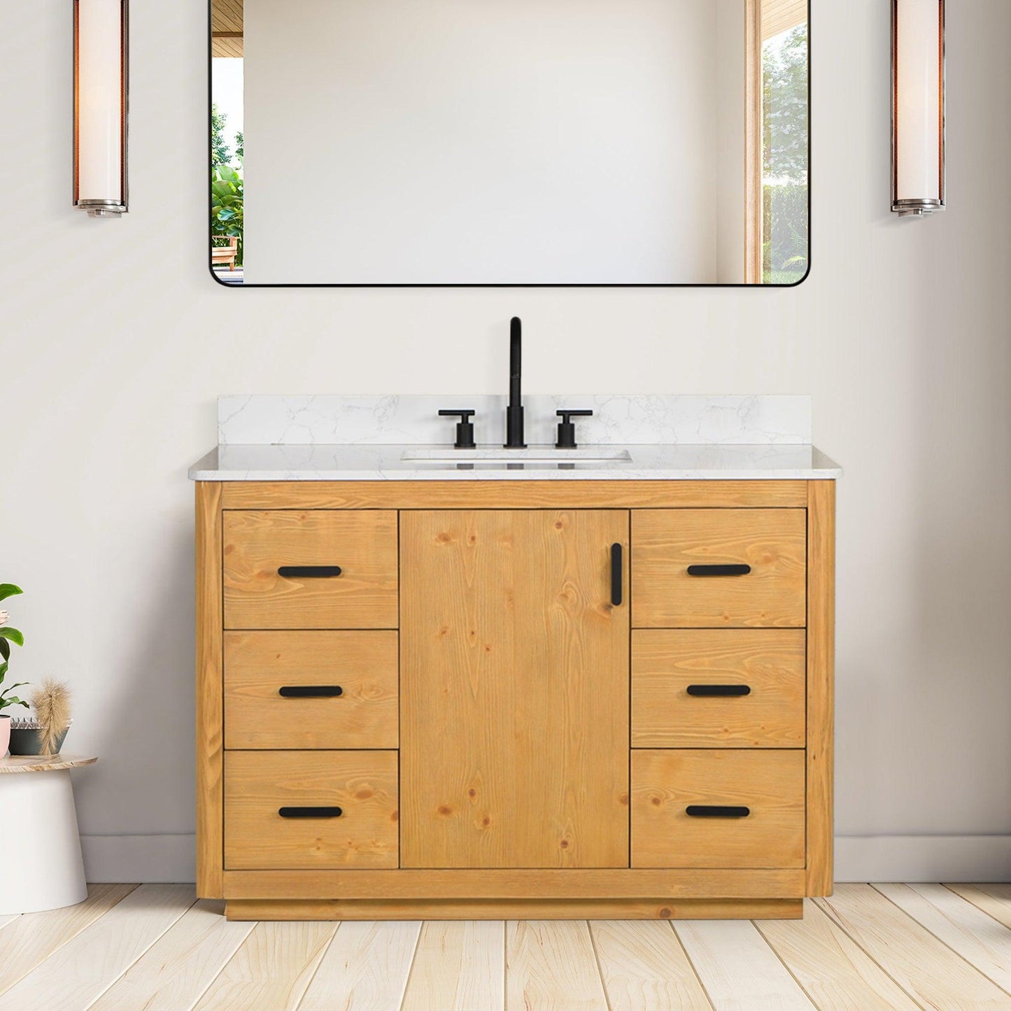 Altair Perla 48" Natural Wood Freestanding Single Bathroom Vanity Set With Grain White Composite Stone Top, Single Rectangular Undermount Ceramic Sink, and Overflow