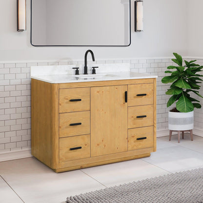 Altair Perla 48" Natural Wood Freestanding Single Bathroom Vanity Set With Grain White Composite Stone Top, Single Rectangular Undermount Ceramic Sink, and Overflow