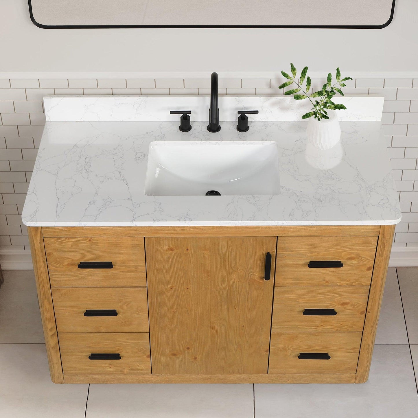 Altair Perla 48" Natural Wood Freestanding Single Bathroom Vanity Set With Grain White Composite Stone Top, Single Rectangular Undermount Ceramic Sink, and Overflow