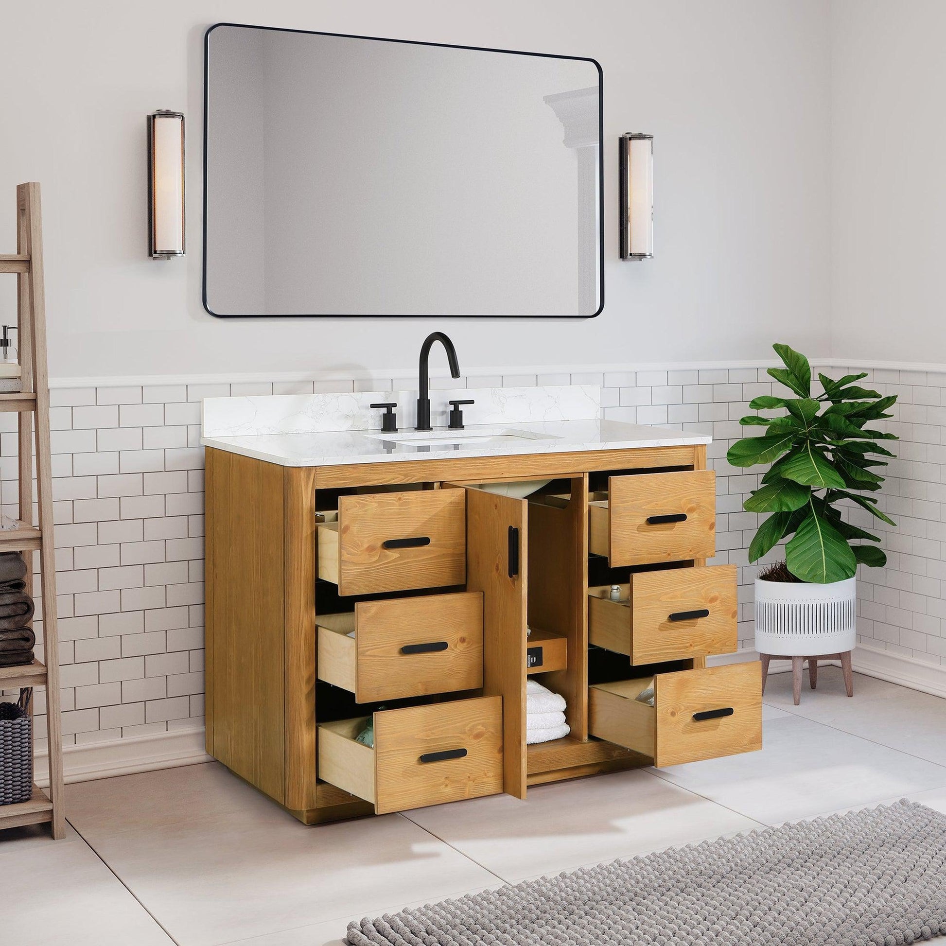 Altair Perla 48" Natural Wood Freestanding Single Bathroom Vanity Set With Mirror, Grain White Composite Stone Top, Single Rectangular Undermount Ceramic Sink, and Overflow