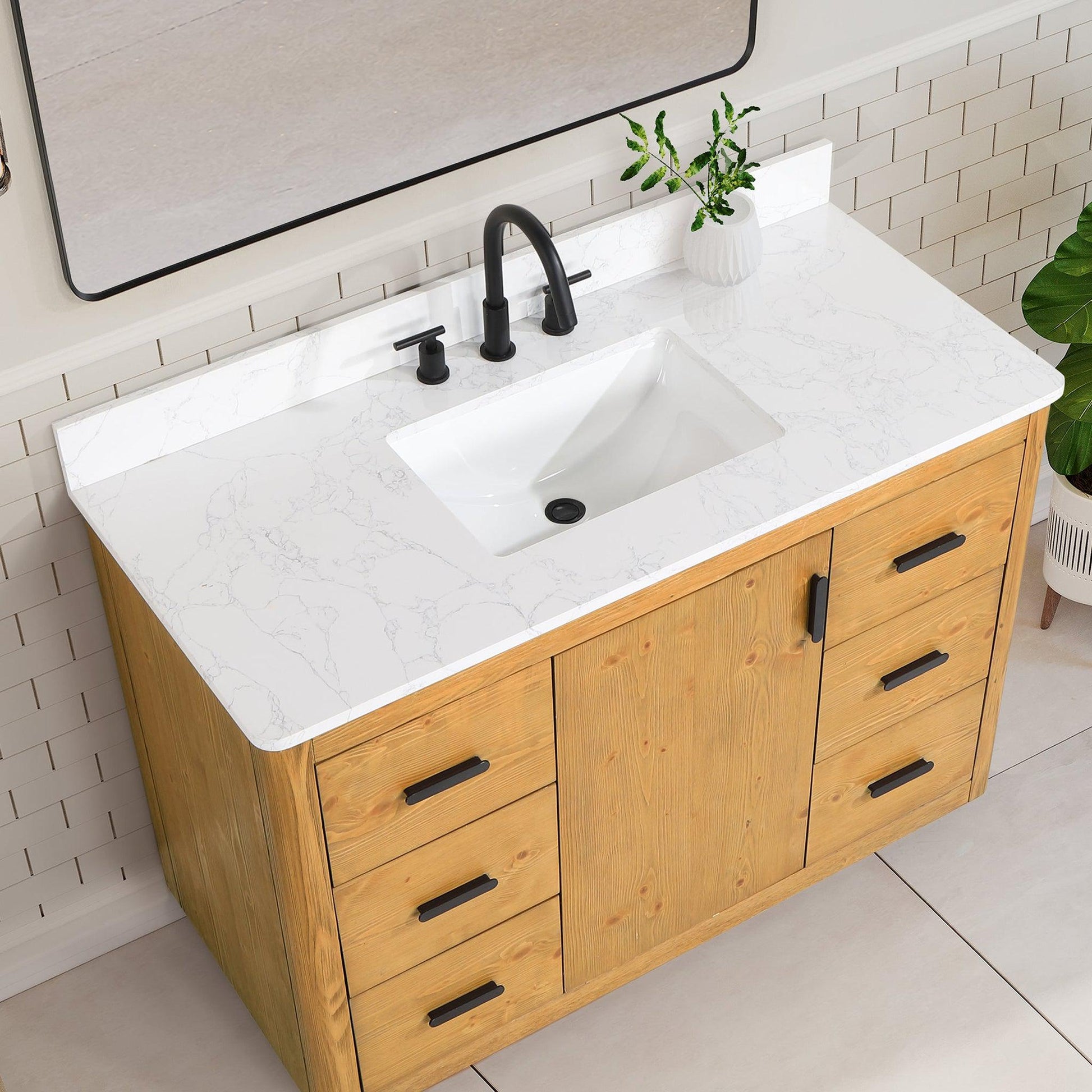 Altair Perla 48" Natural Wood Freestanding Single Bathroom Vanity Set With Mirror, Grain White Composite Stone Top, Single Rectangular Undermount Ceramic Sink, and Overflow